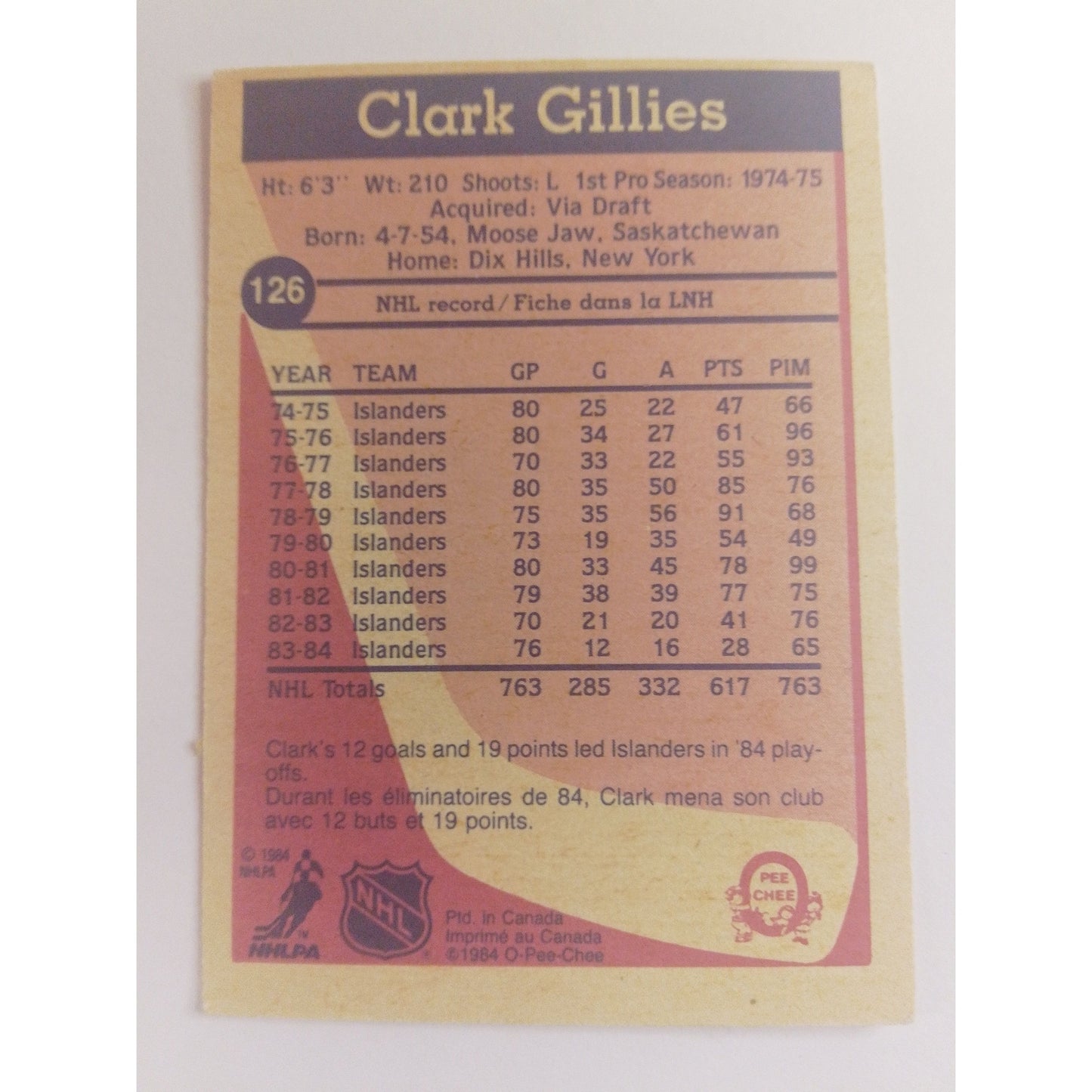 1984-85 O-Pee-Chee Clark Gillies In Person Auto