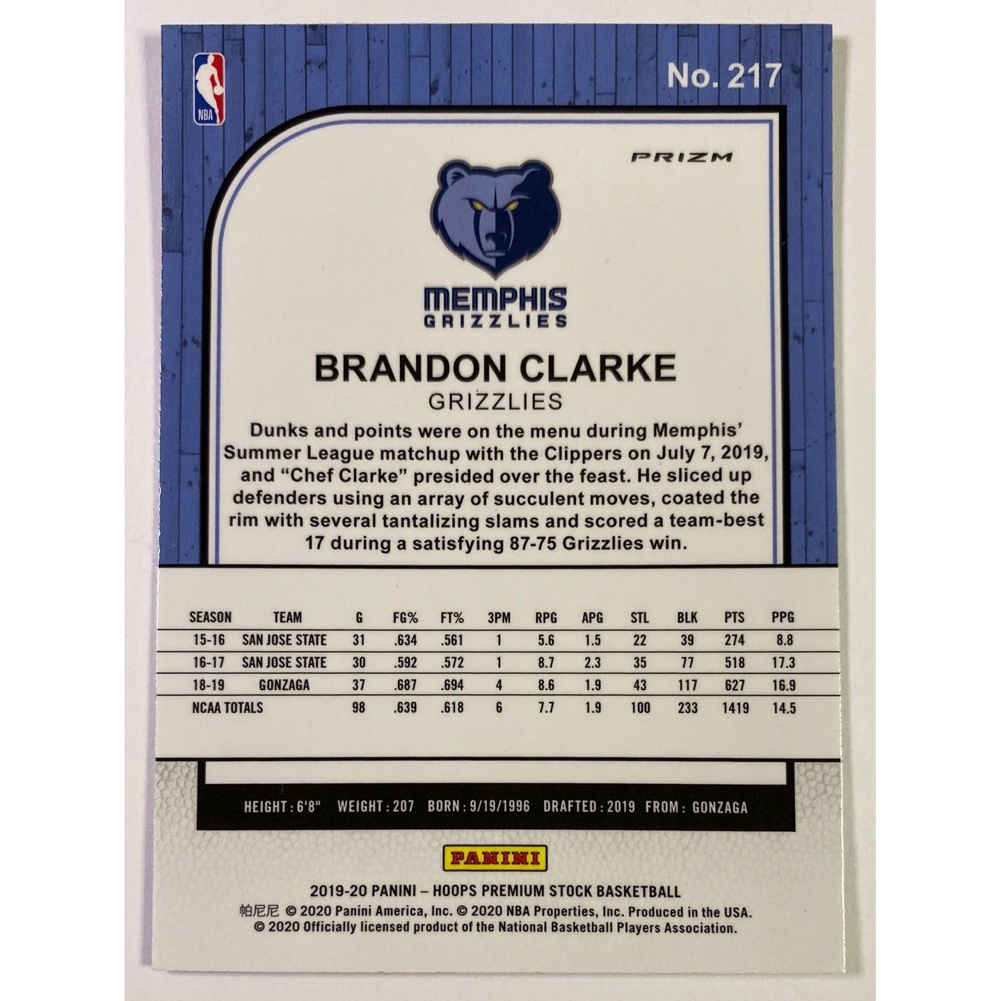 2019-20 Hoops Premium Stock Brandon Clarke Purple Fast Break Prizm RC