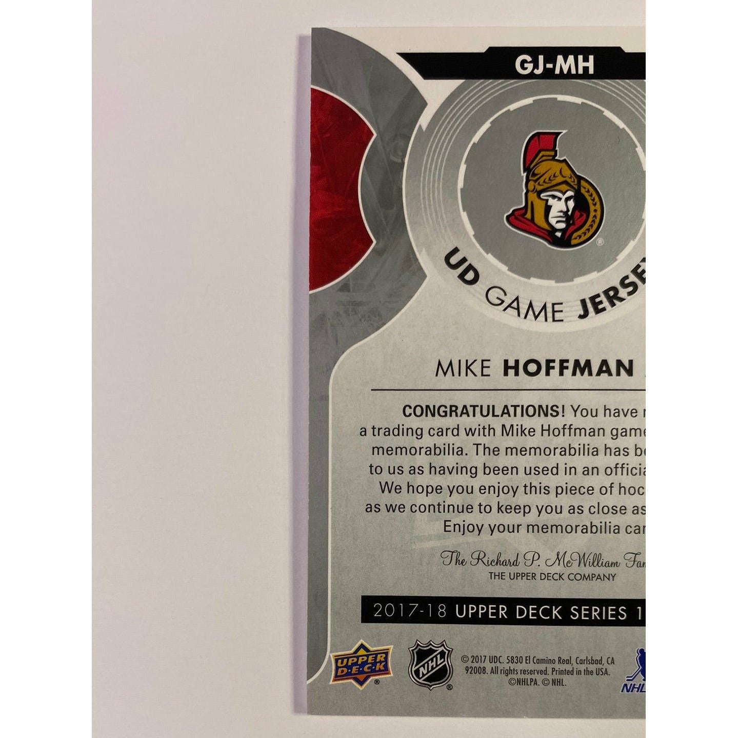 2017-18 Upper Deck Series 1 Mike Hoffman UD Game Jersey