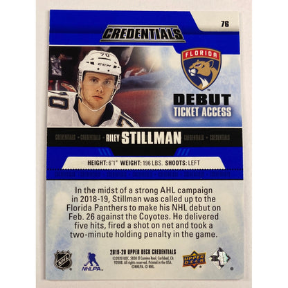 2019-20 Upper Deck Credentials Riley Stillman Debut Ticket Access /999