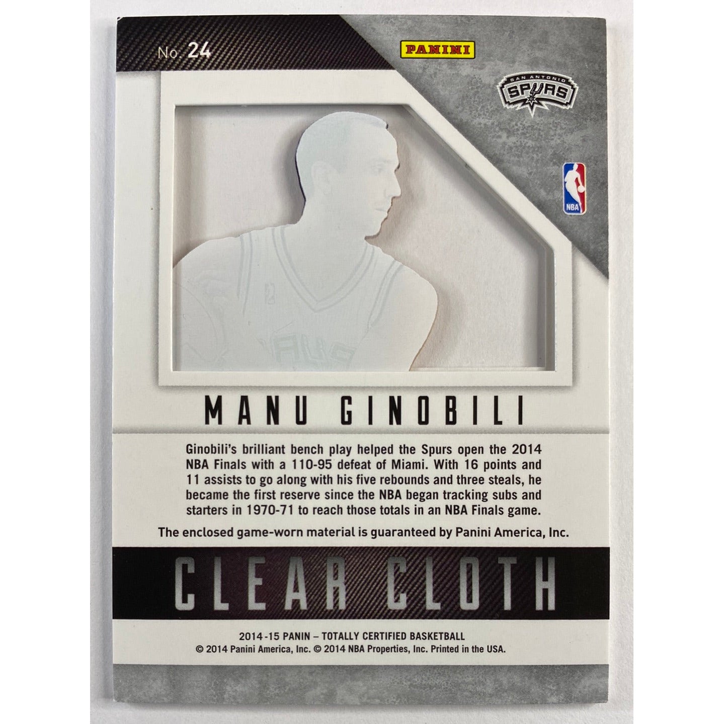 2014-15 Totally Certified Manu Ginobili Clear Cloth /299