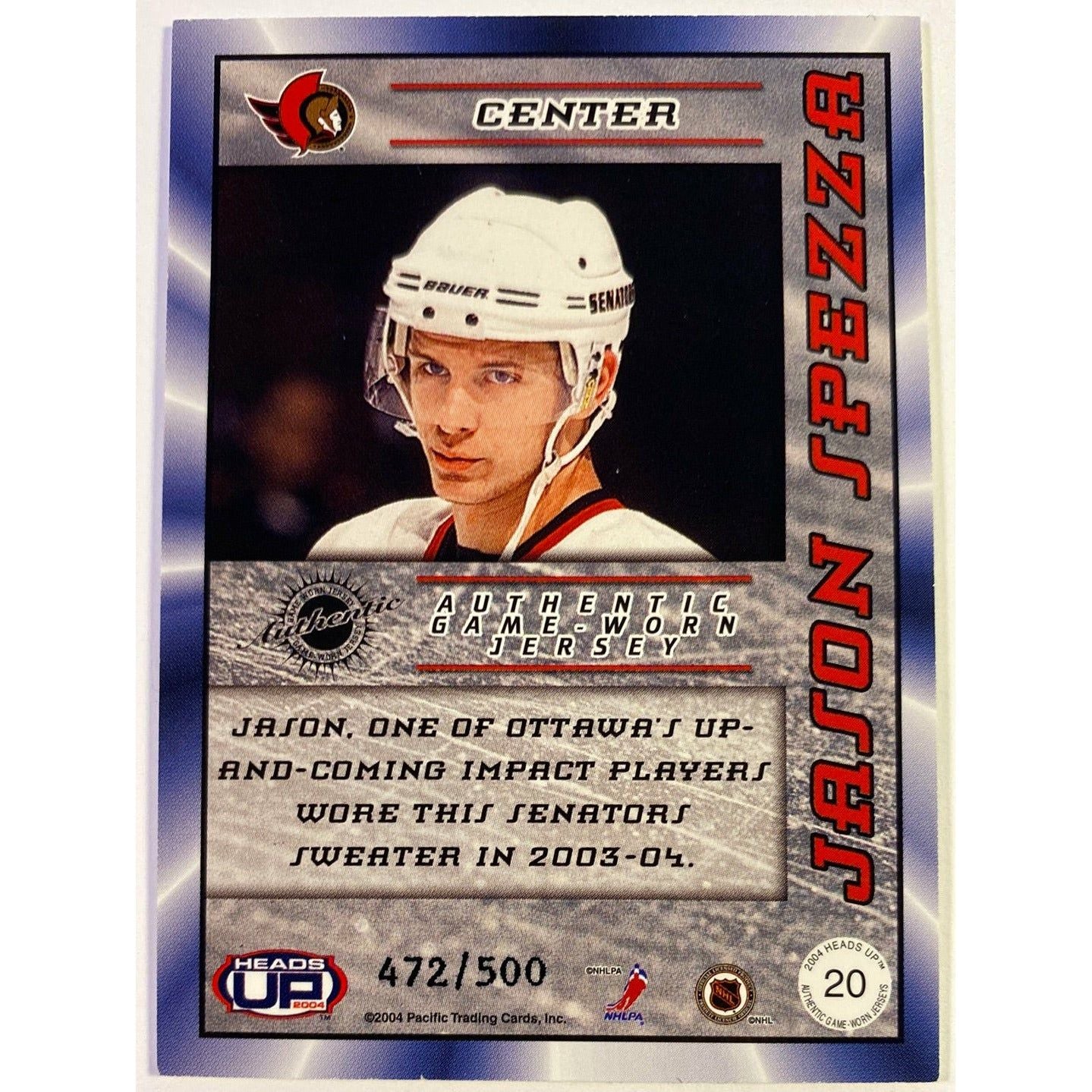 2003-04 Pacific Heads Up Jason Spezza Authentic Game Worn Jersey /500