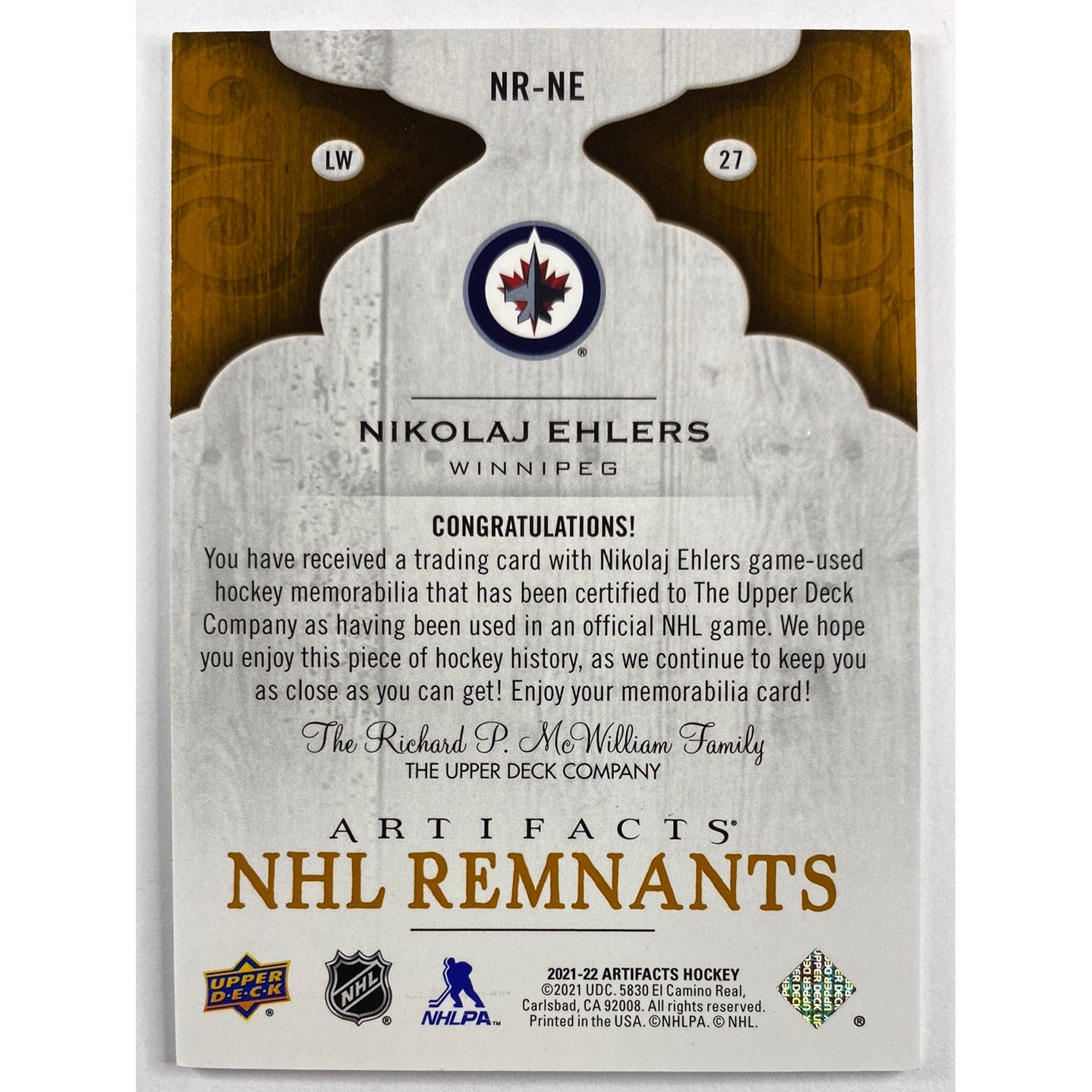 2021-22 Artifacts Nikolaj Ehlers NHL Remnants