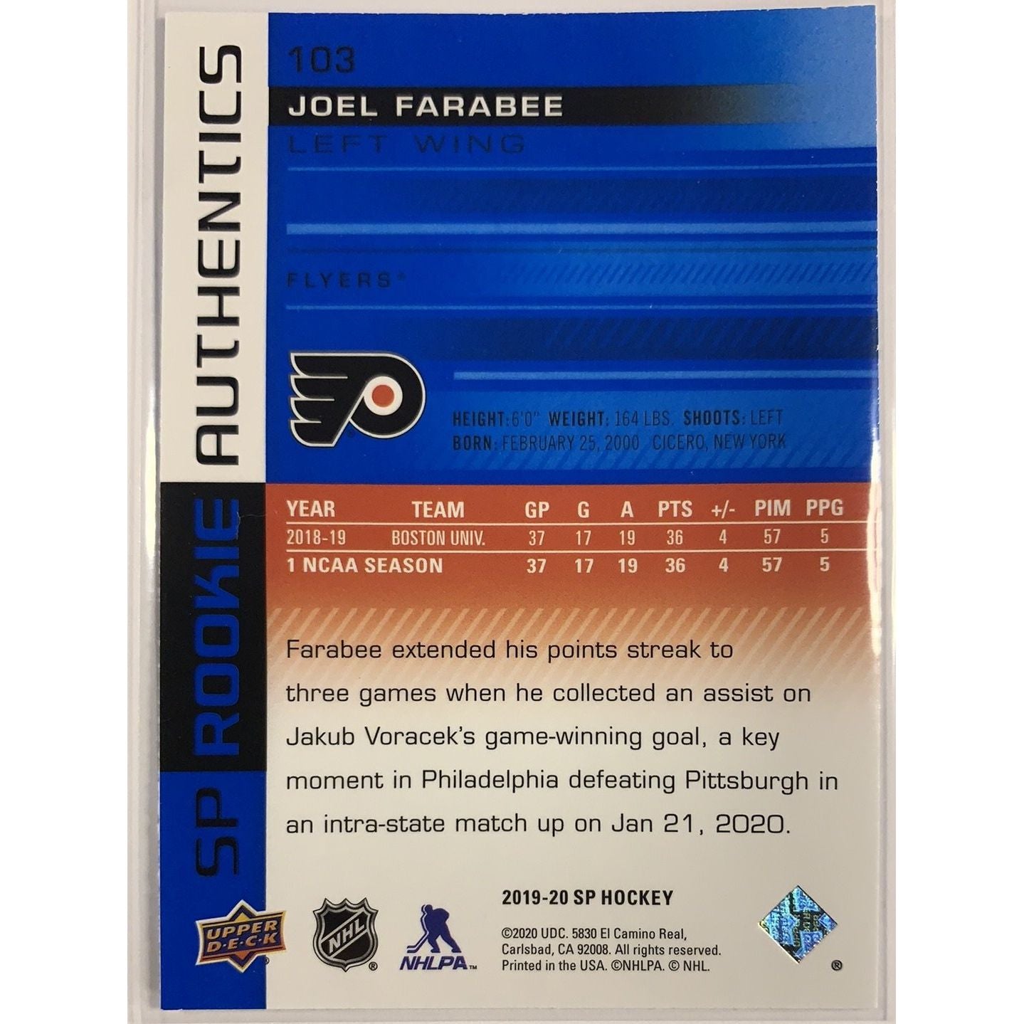  2019-20 SP Joel Farabee Rookie Authentics  Local Legends Cards & Collectibles