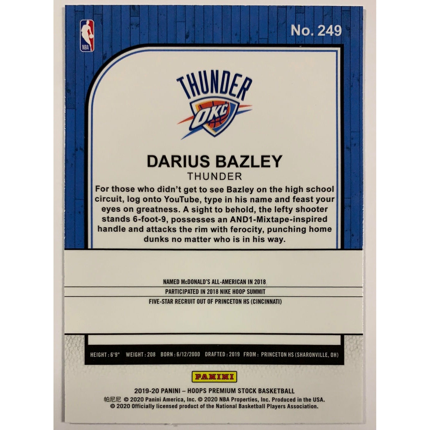 2019-20 Hoops Premium Stock Darius Bazley RC