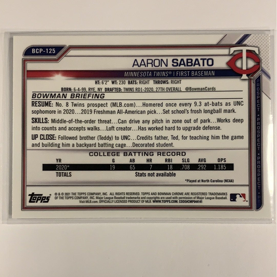  2021 Bowman 1st Chrome Aaron Sabato BCP-125  Local Legends Cards & Collectibles