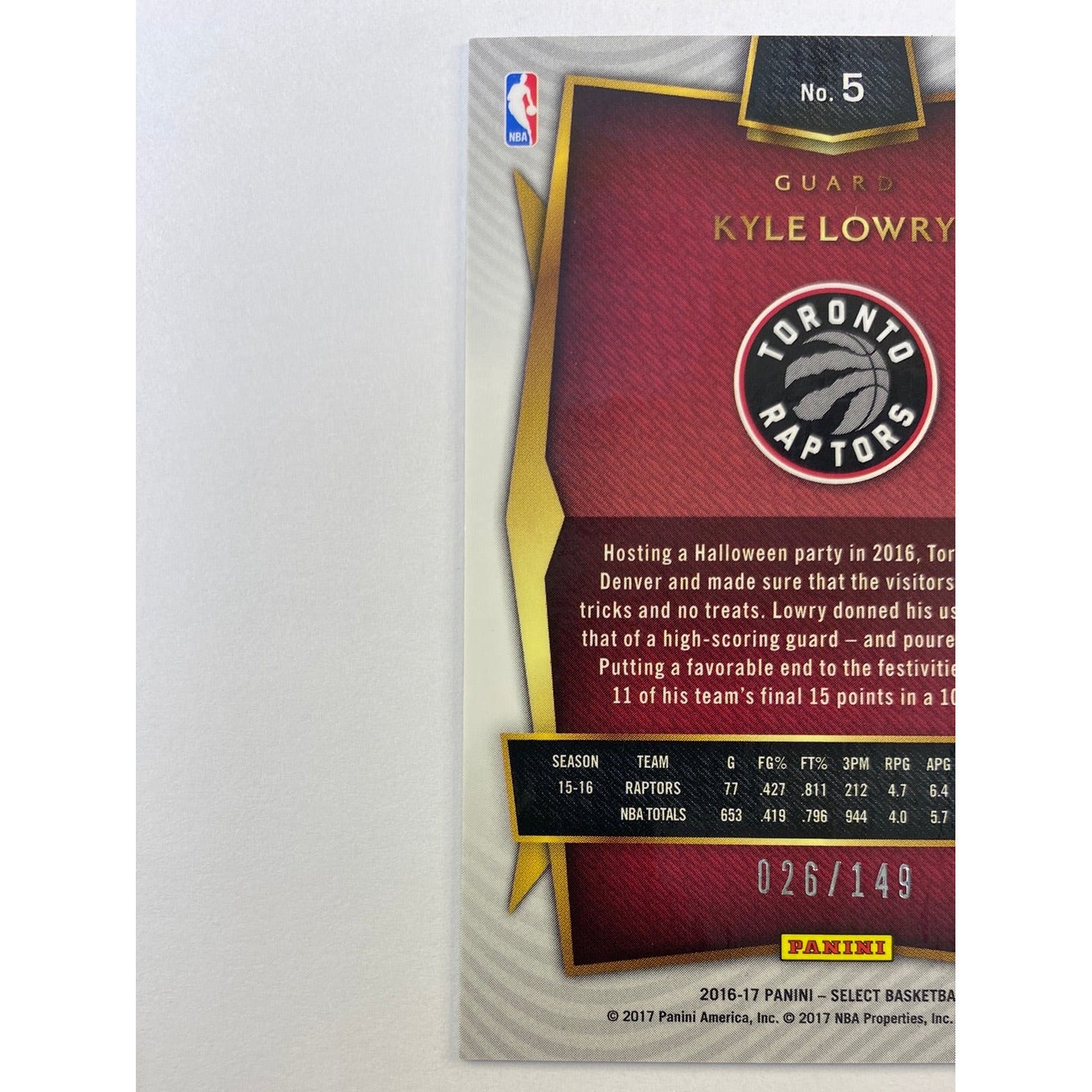 2016-17 Select Kyle Lowry White Holo Prizm /149