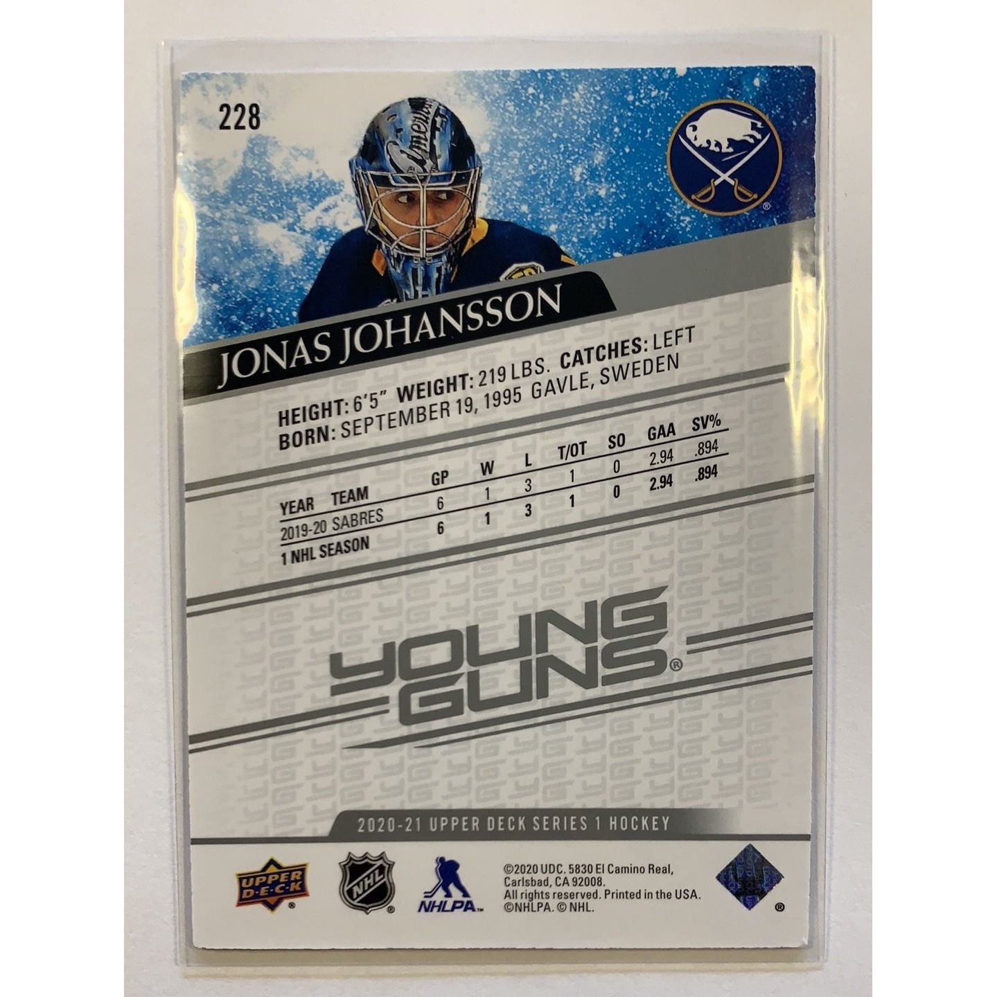  2020-21 Upper Deck Series 1 Jonás Johansson Young Guns DAMAGED  Local Legends Cards & Collectibles