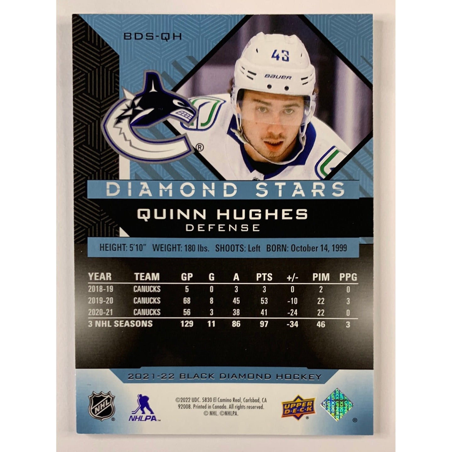 2020-21 Black Diamond Quinn Hughes Diamond Stars /249