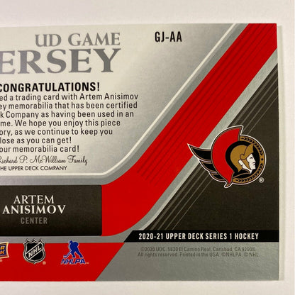 2020-21 Upper Deck Series 1 Artem Anisimov UD Game Jersey