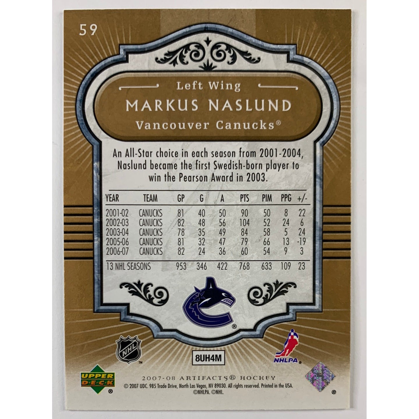 2007-08 Upper Deck Markus Naslund Artifacts