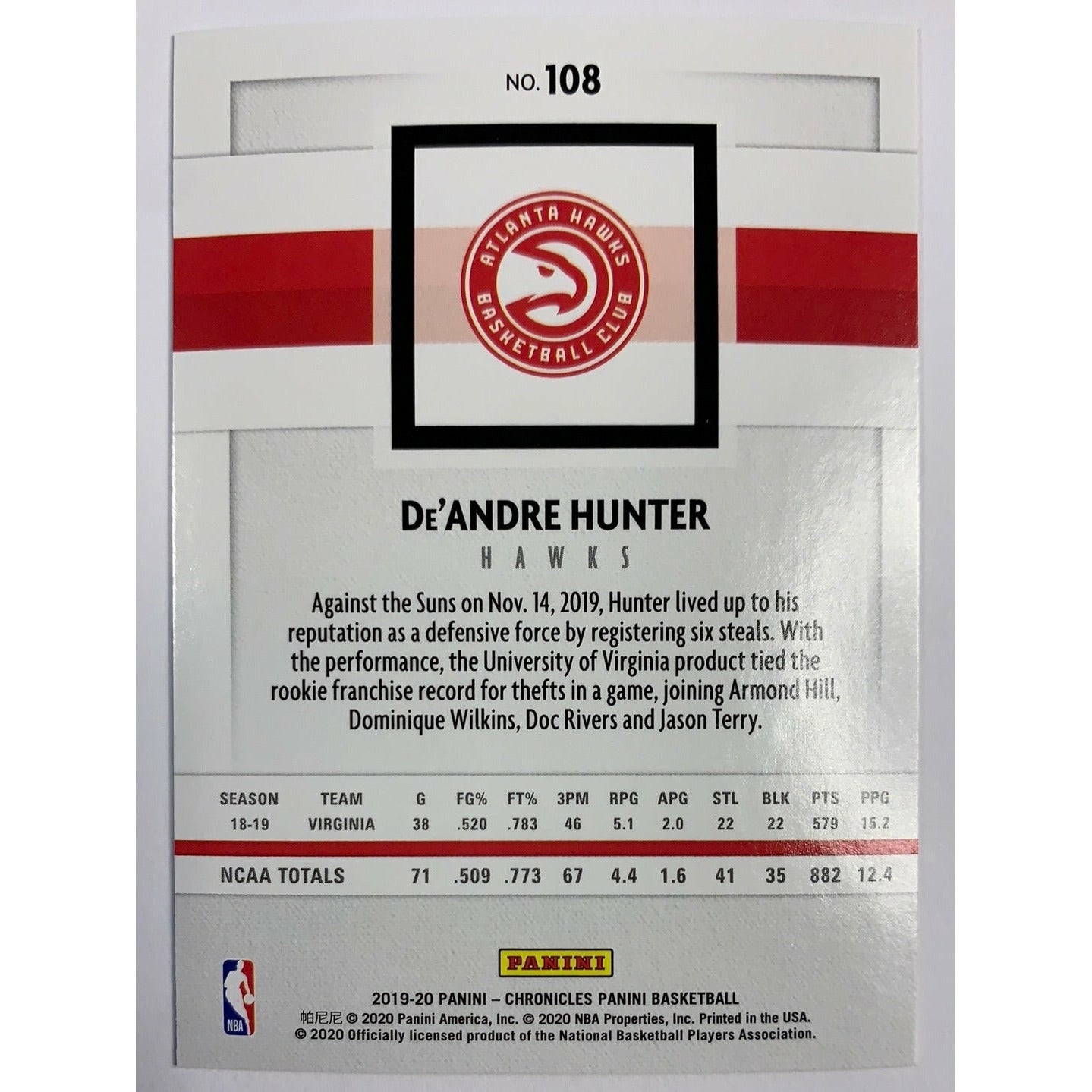 2019-20 Chronicles De’Andre Hunter Rookie Card