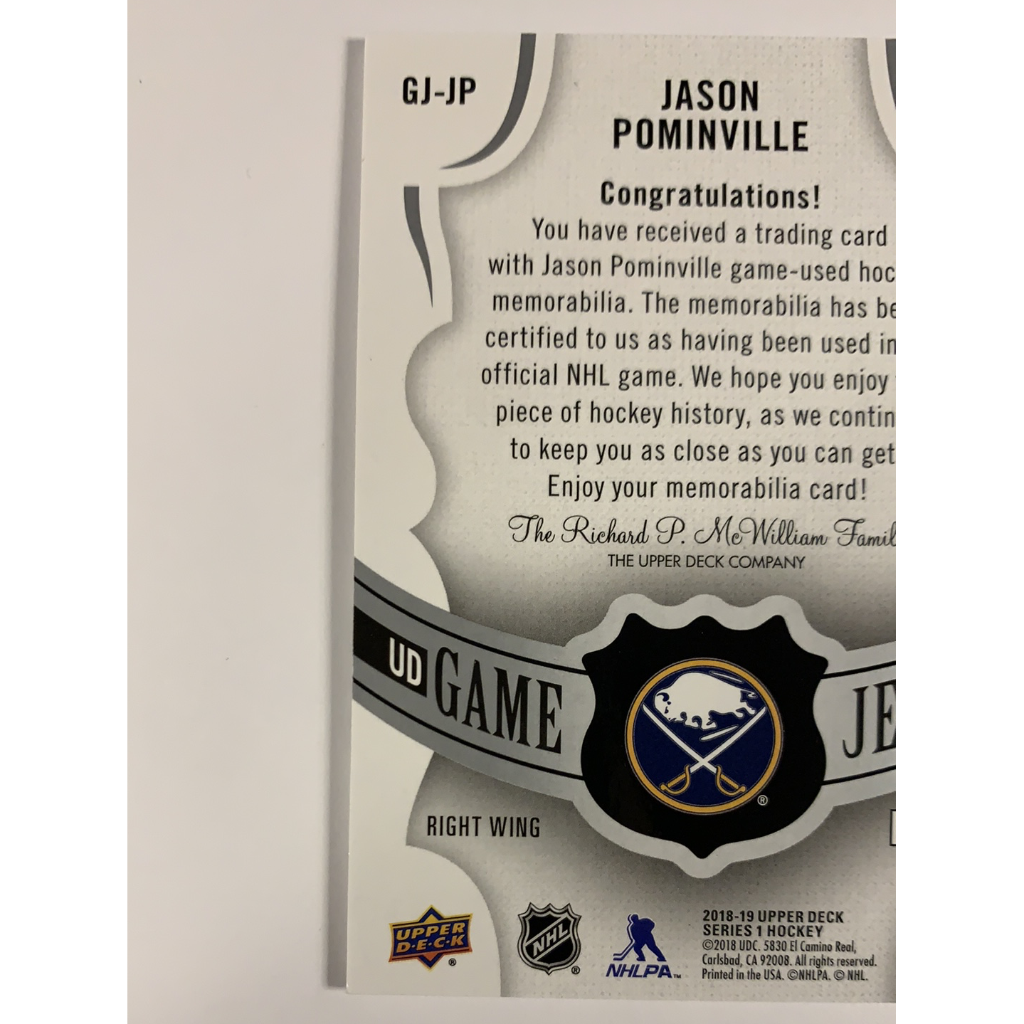  2018-19 Upper Deck Jason Pominvile Game Jersey  Local Legends Cards & Collectibles