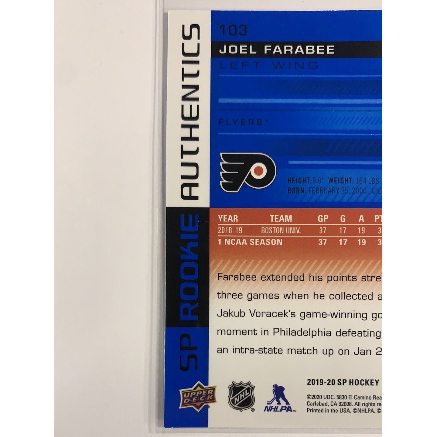  2019-20 SP Joel Farabee Rookie Authentics  Local Legends Cards & Collectibles