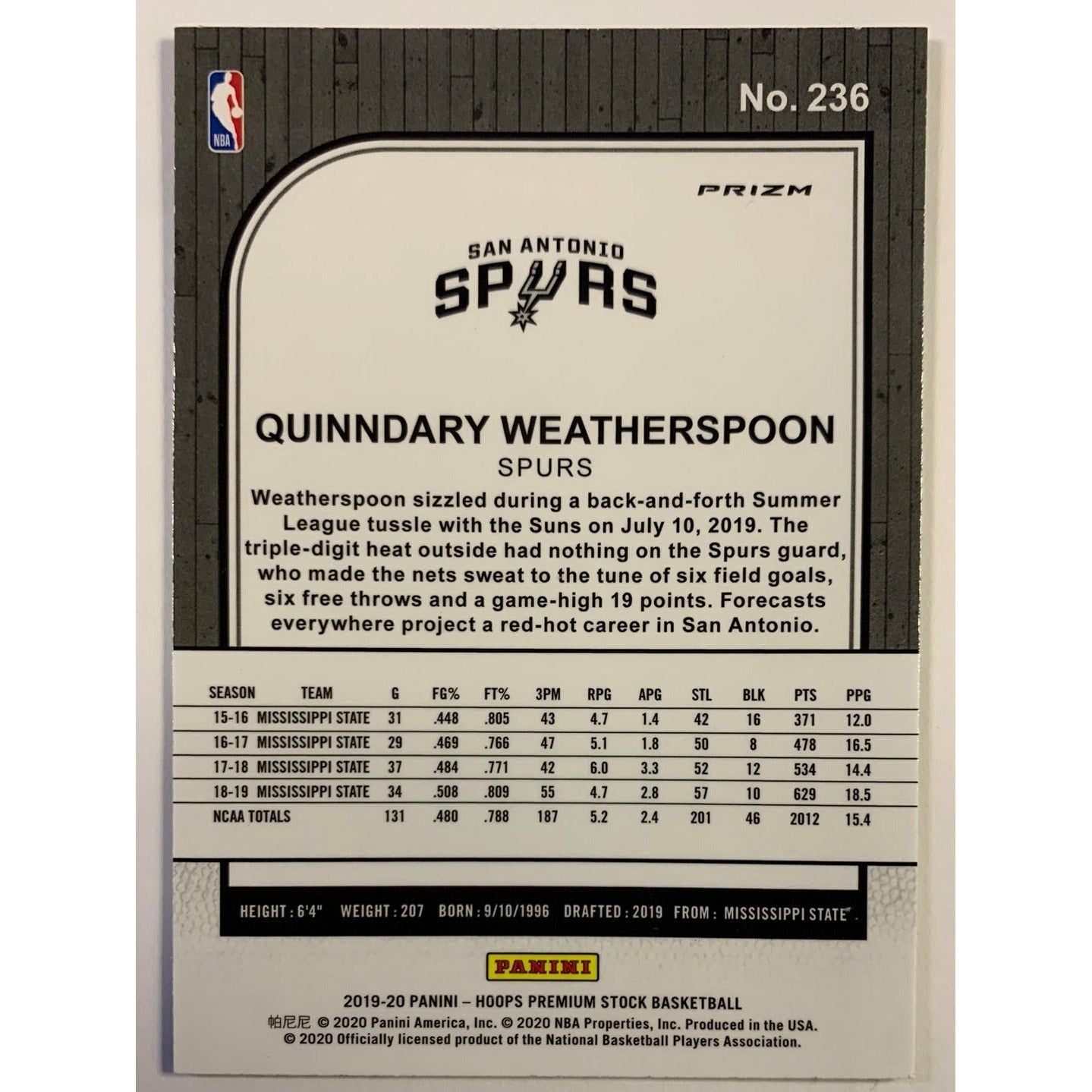 2019-20 Hoops Premium Stock Quinndary Weatherspoon Green Prizm RC