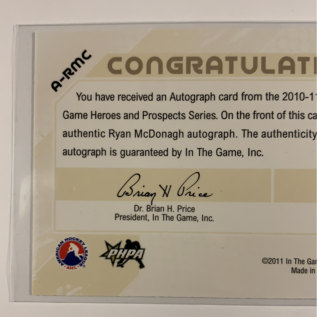  2010-11 In The Game Ryan McDonagh Rookie Auto  Local Legends Cards & Collectibles