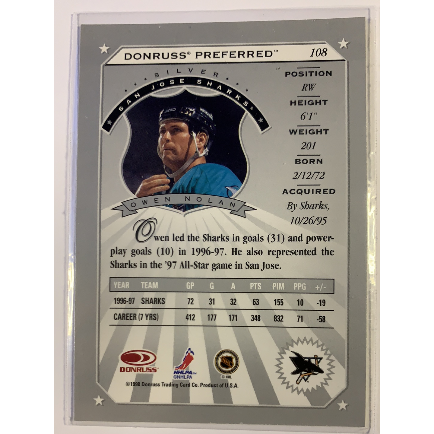  1997-98 Donruss Preferred Owen Nolan Silver  Local Legends Cards & Collectibles