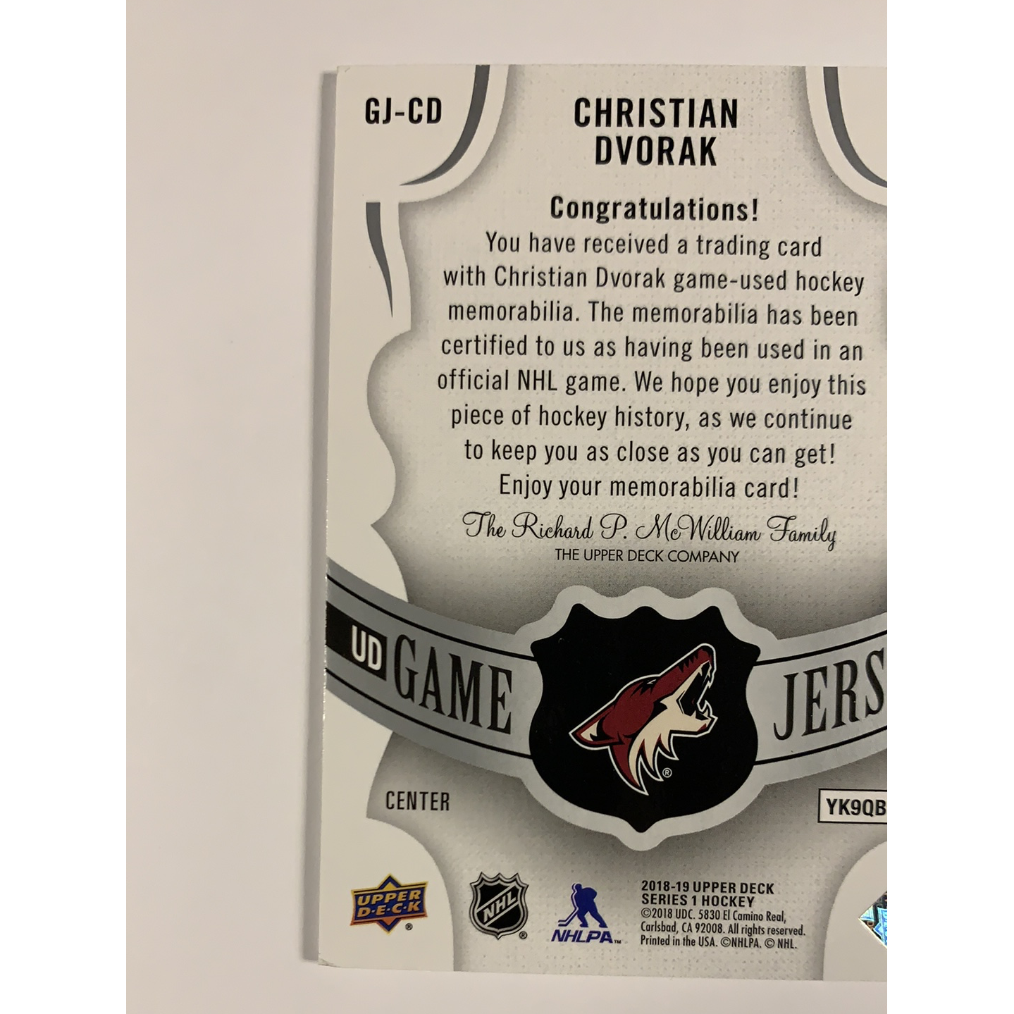  2018-19 Upper Deck Christian Dvorak Game Jersey  Local Legends Cards & Collectibles