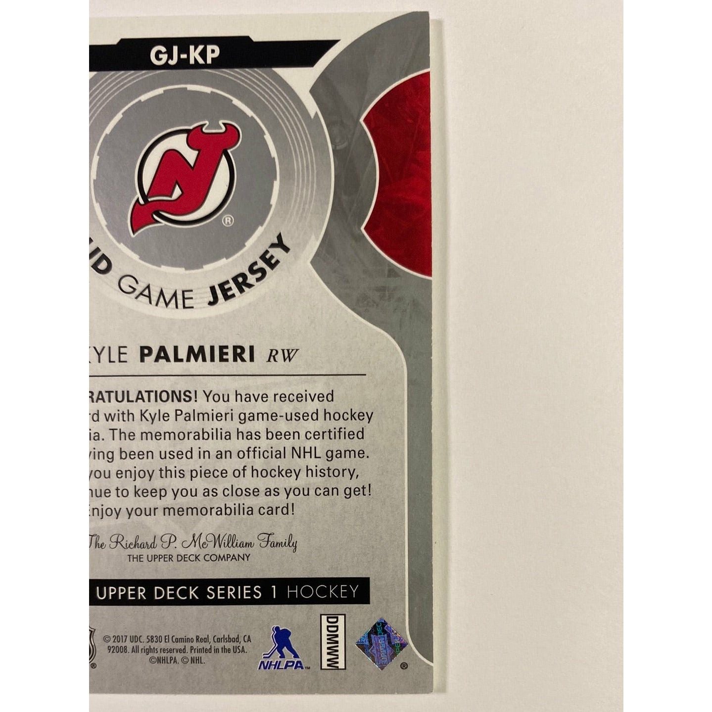 2017-18 Upper Deck Series 1 Kyle Palmieri UD Game Jersey