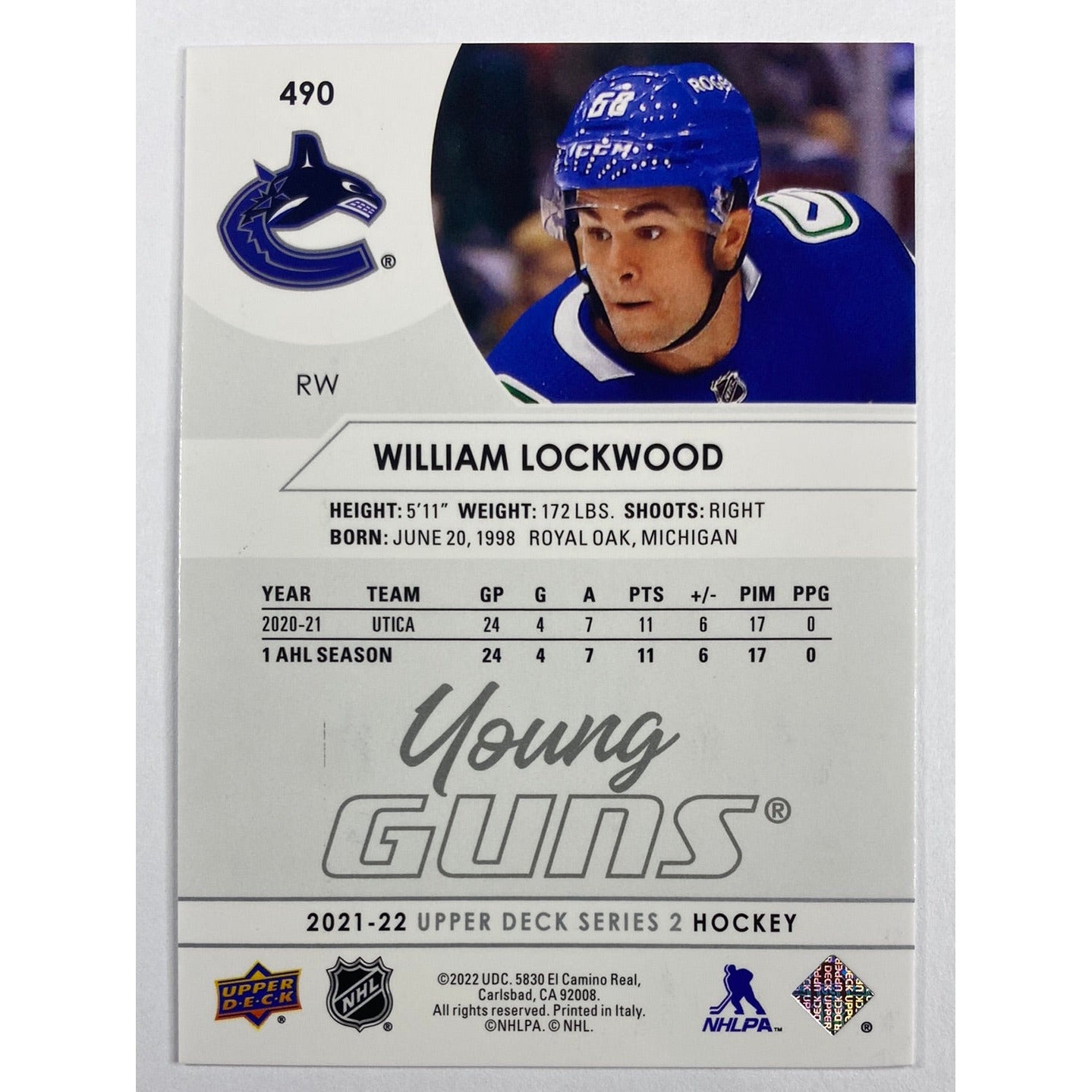 2021-22 Upper Deck Series 2 William Lockwood Young Guns