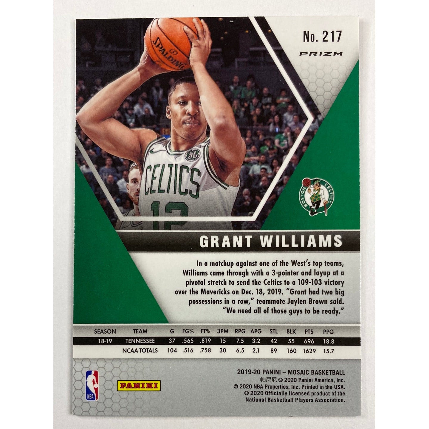 2019-20 Mosaic Grant Williams Green Mosaic Prizm RC