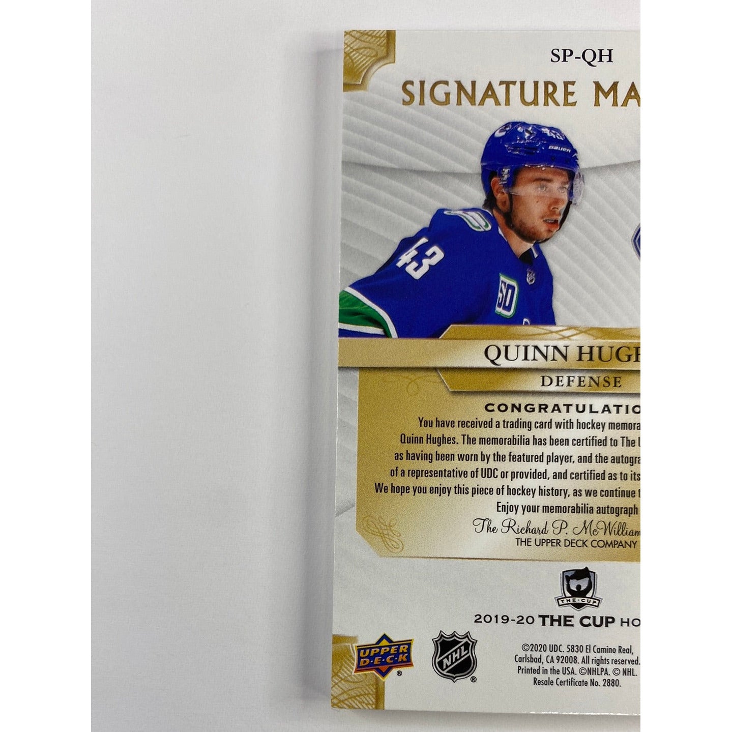 2019-20 The Cup Quinn Hughes Signature Materials Rookie Patch Auto /99