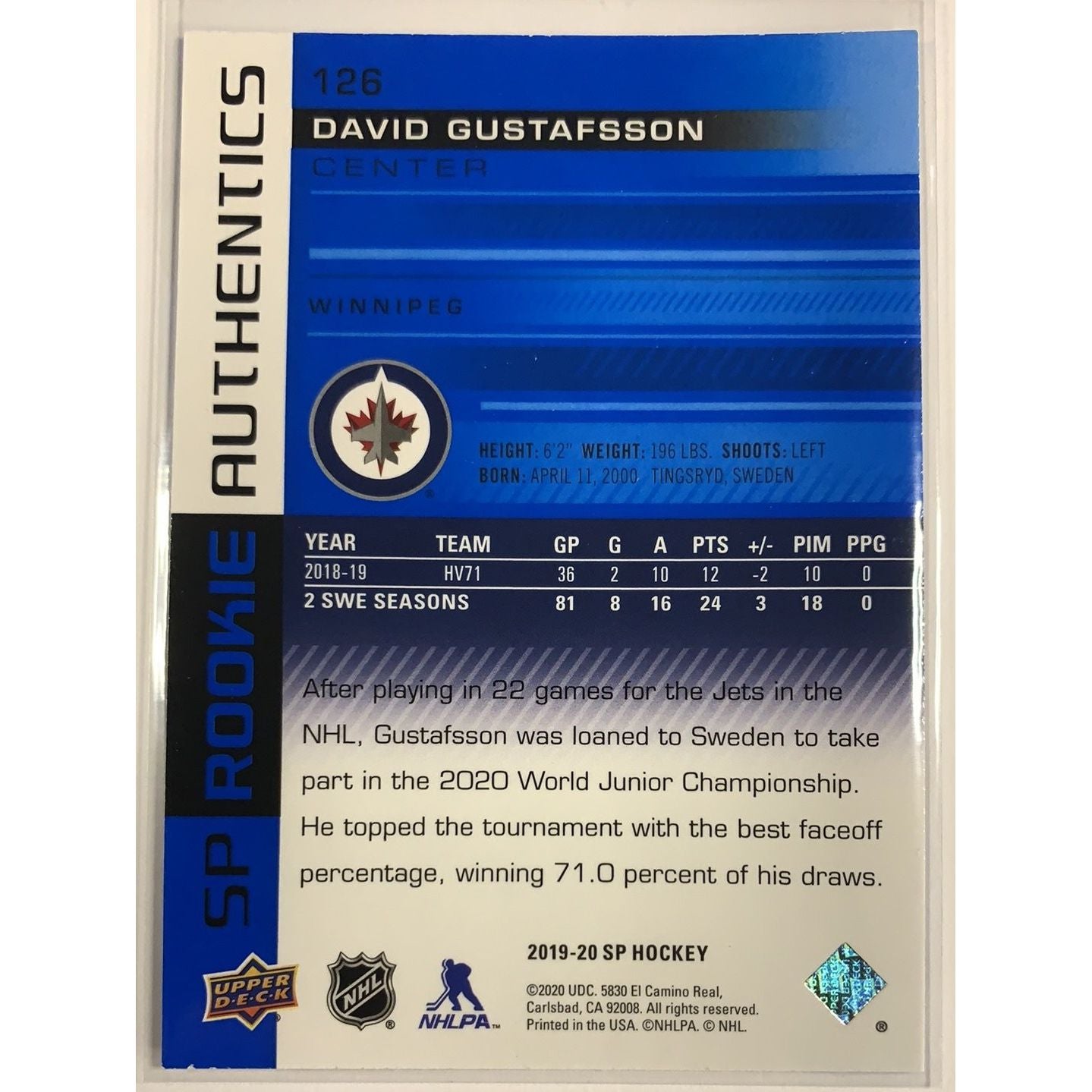  2019-20 SP David Gustafsson Rookie Authentics  Local Legends Cards & Collectibles