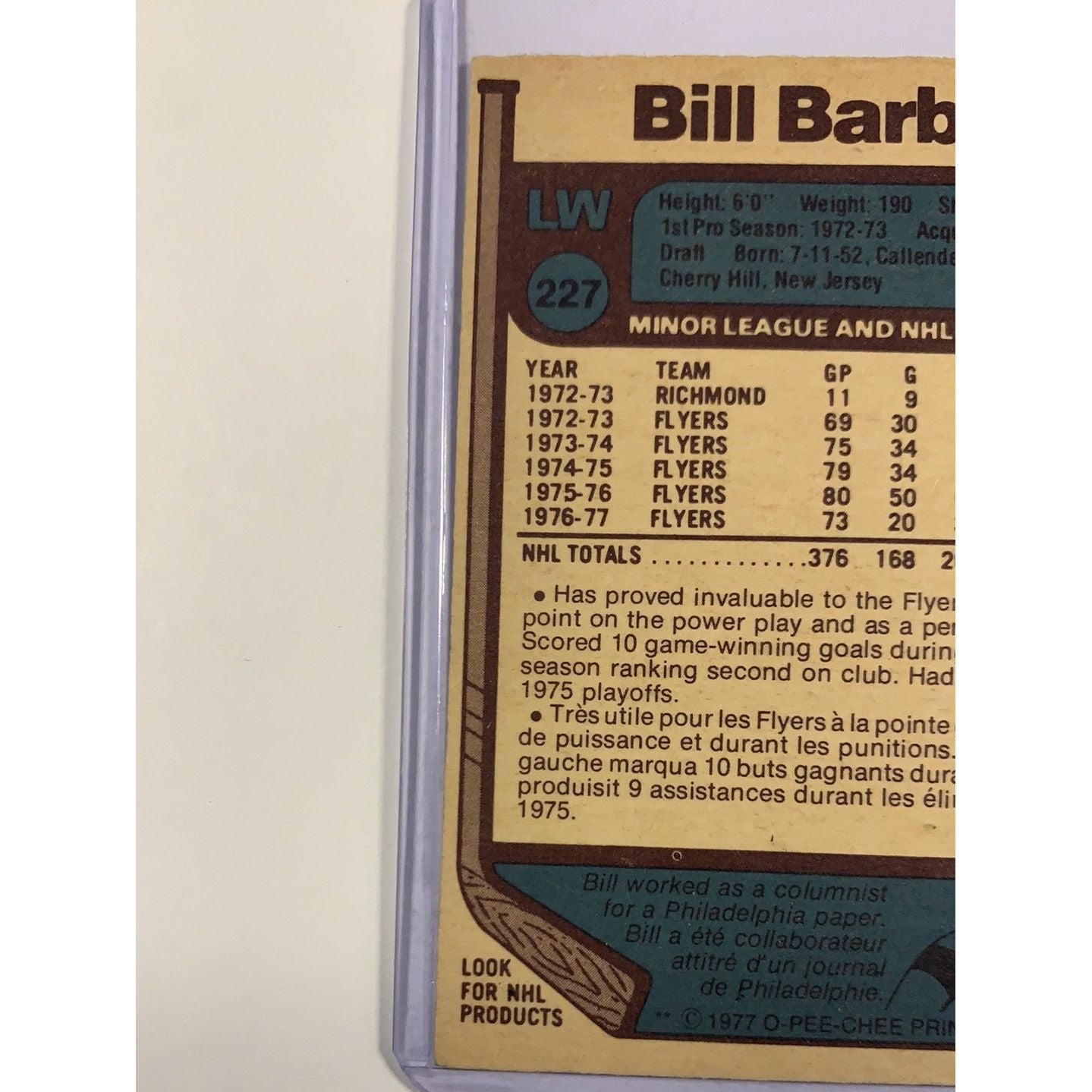  1977-78 O-Pee-Chee Bill Barber In Person Auto  Local Legends Cards & Collectibles