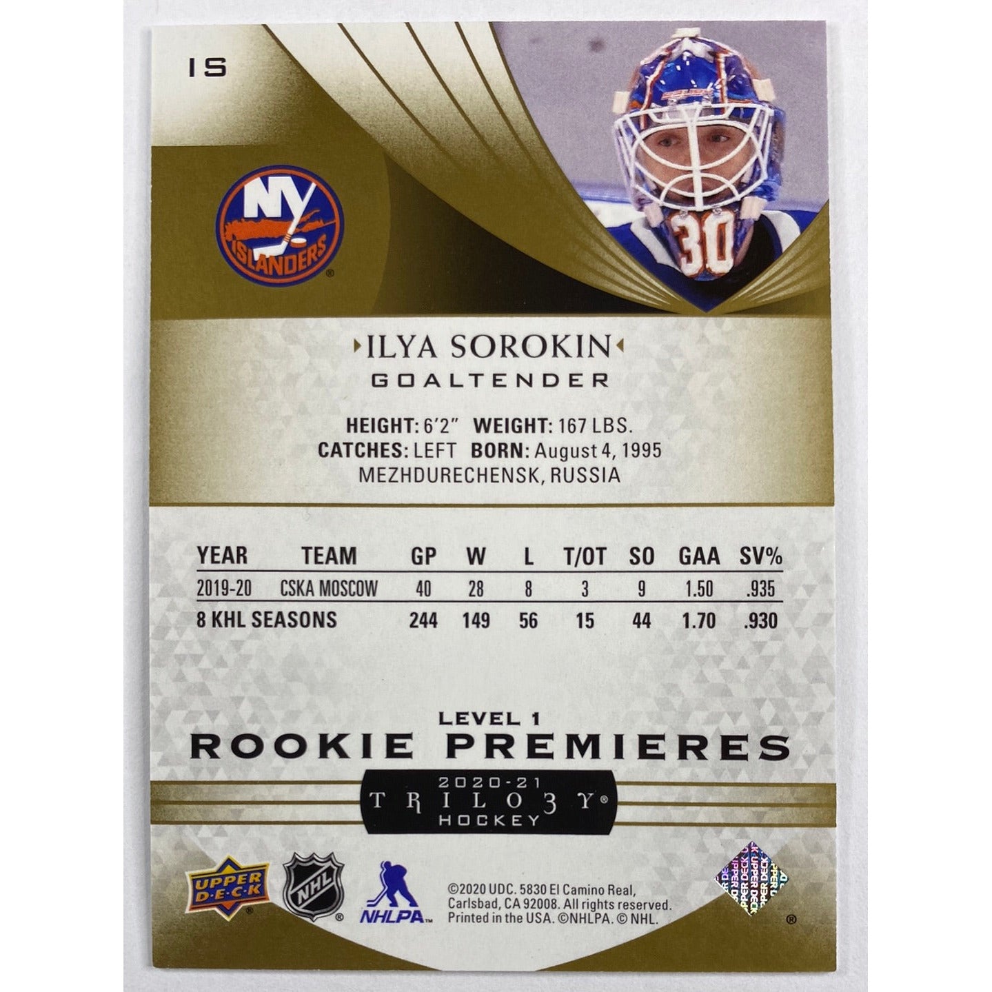 2020-21 Trilogy Ilya Sorokin Level 1 Rookie Premiers /499