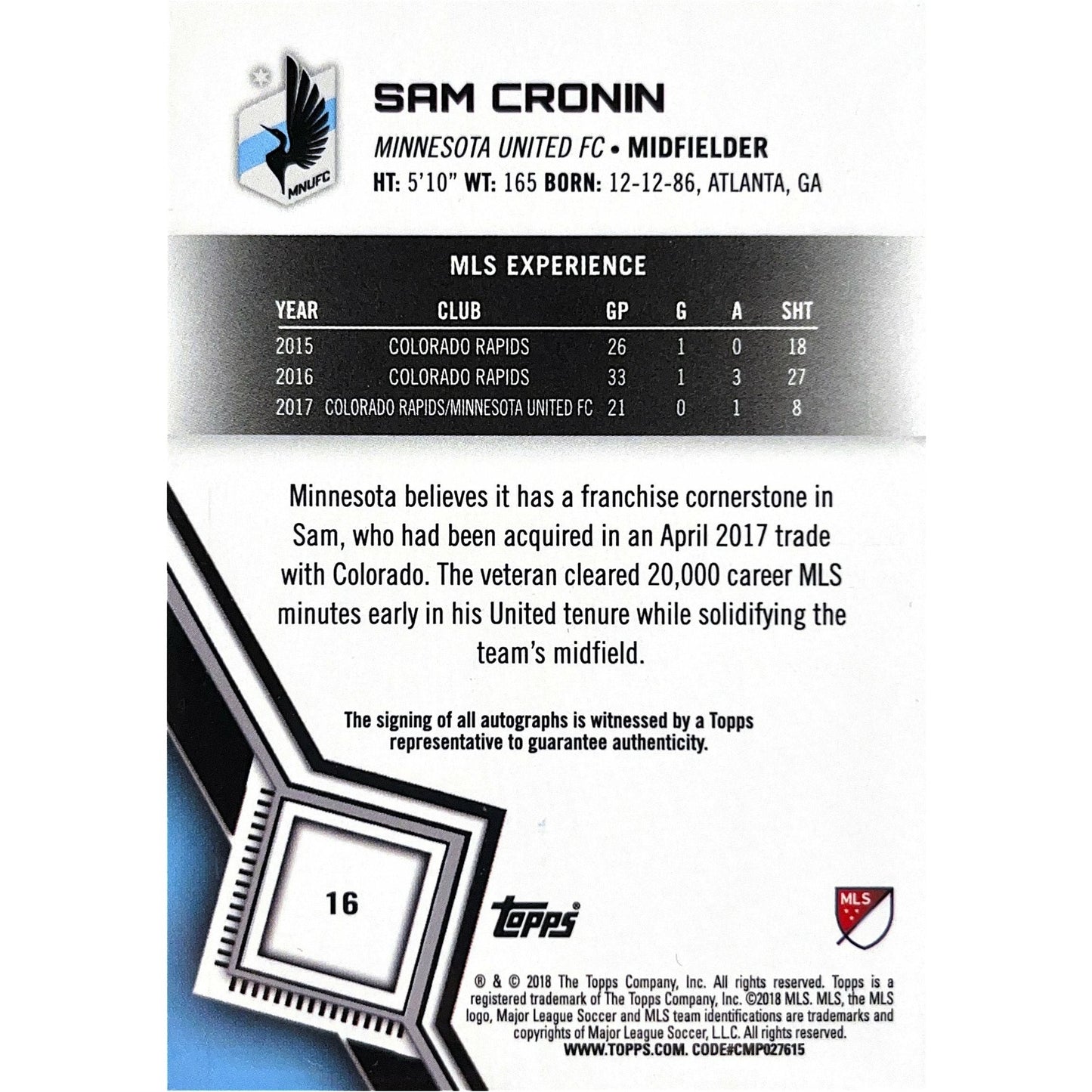 2018 Topps Sam Cronin Autograph
