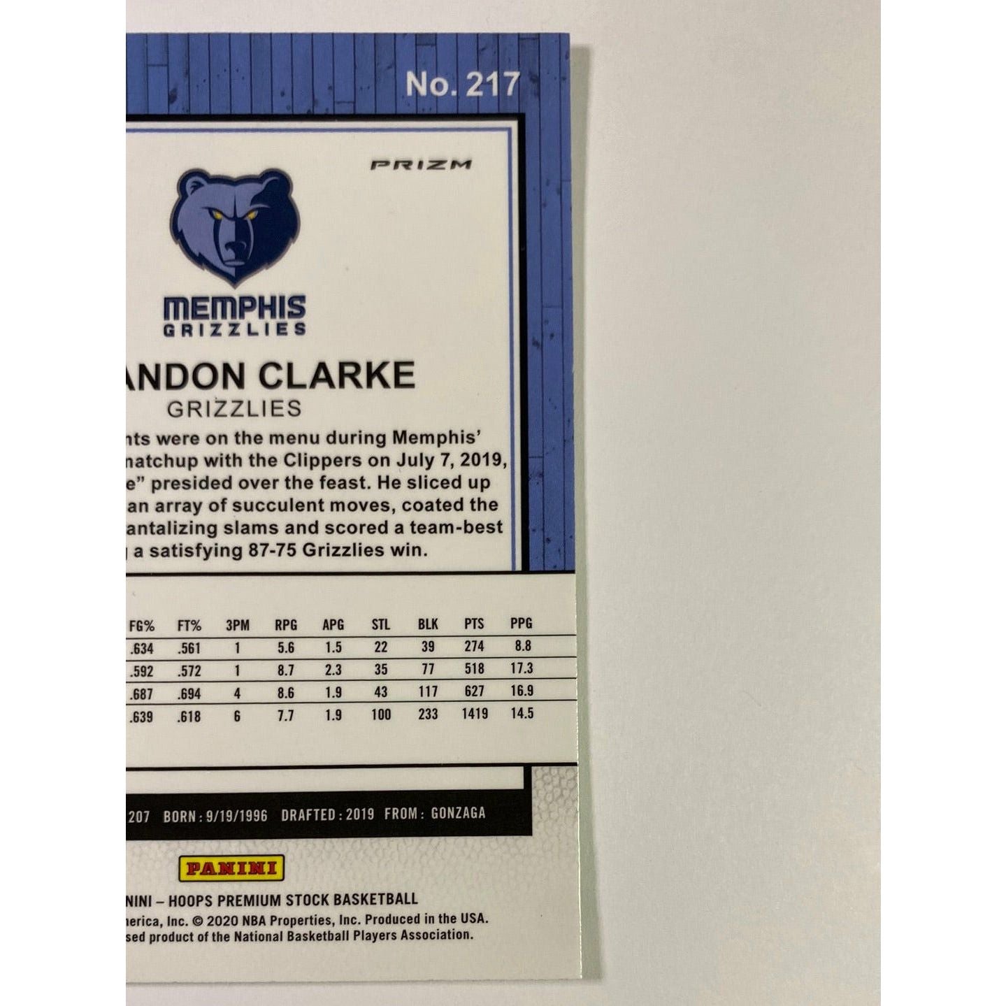 2019-20 Hoops Premium Stock Brandon Clarke Purple Fast Break Prizm RC
