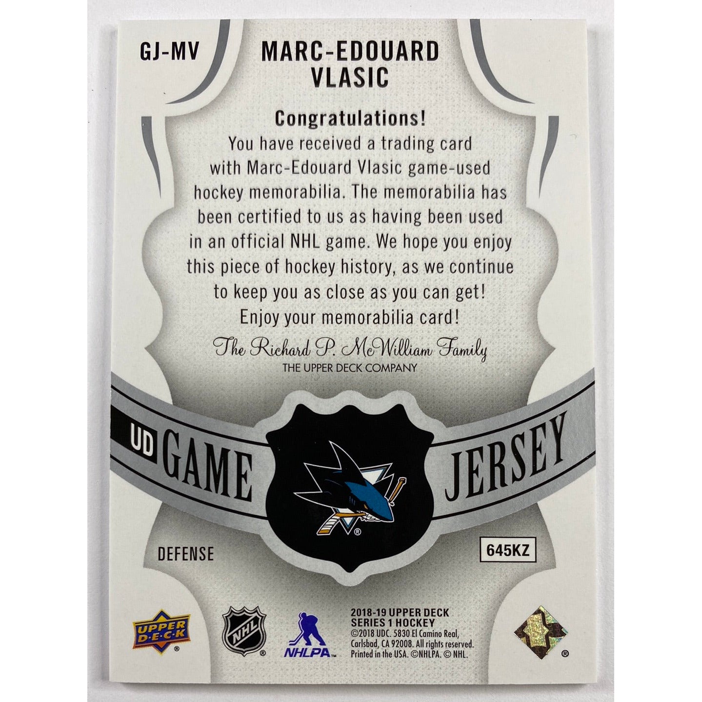 2018-19 Upper Deck Series 2 Marc-Edouard Vlasic UD Game Jersey