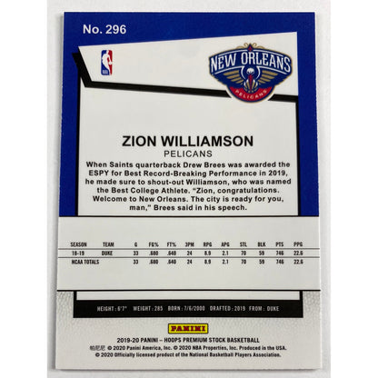 2019-20 Hoops Premium Stock Zion Williamson Tribute RC