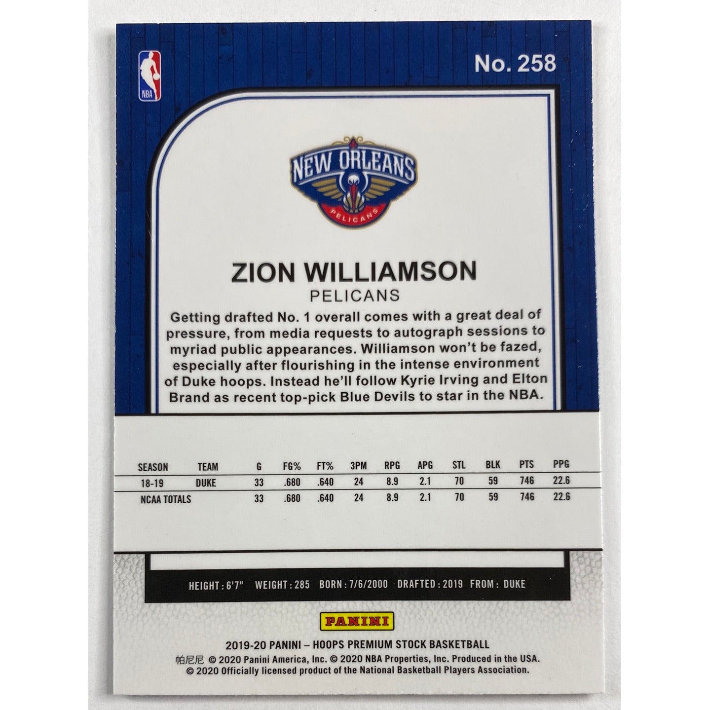 2019-20 Hoops Premium Stock Zion Williamson RC
