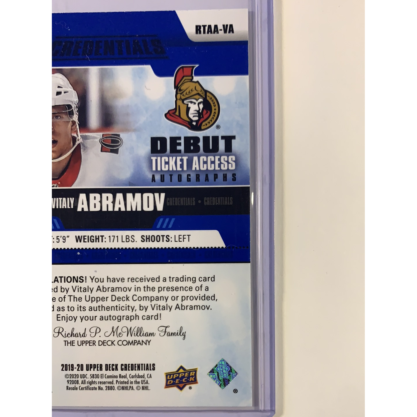 2019-20 Upper Deck Credentials Vitaly Abramov Debut Ticket Access Autographs Rookie Card  Local Legends Cards & Collectibles