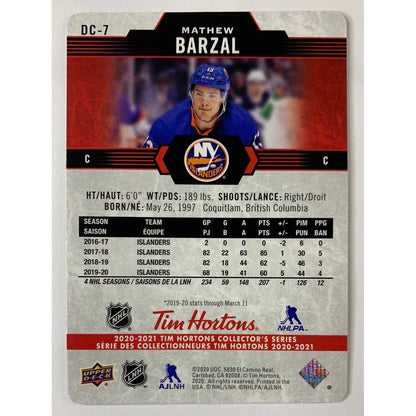 2020-21 Tim Hortons Mathew Barzal Red Die Cut