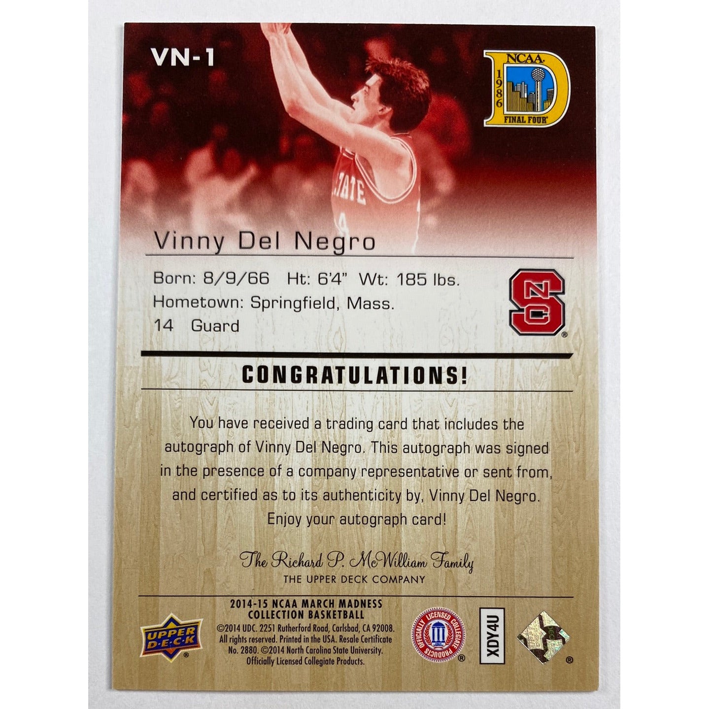 2014-15 NCAA March Madness Vinny Del Negro Finals Auto