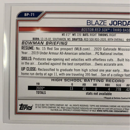  2021 Bowman 1st Blaze Jordan BP-71  Local Legends Cards & Collectibles