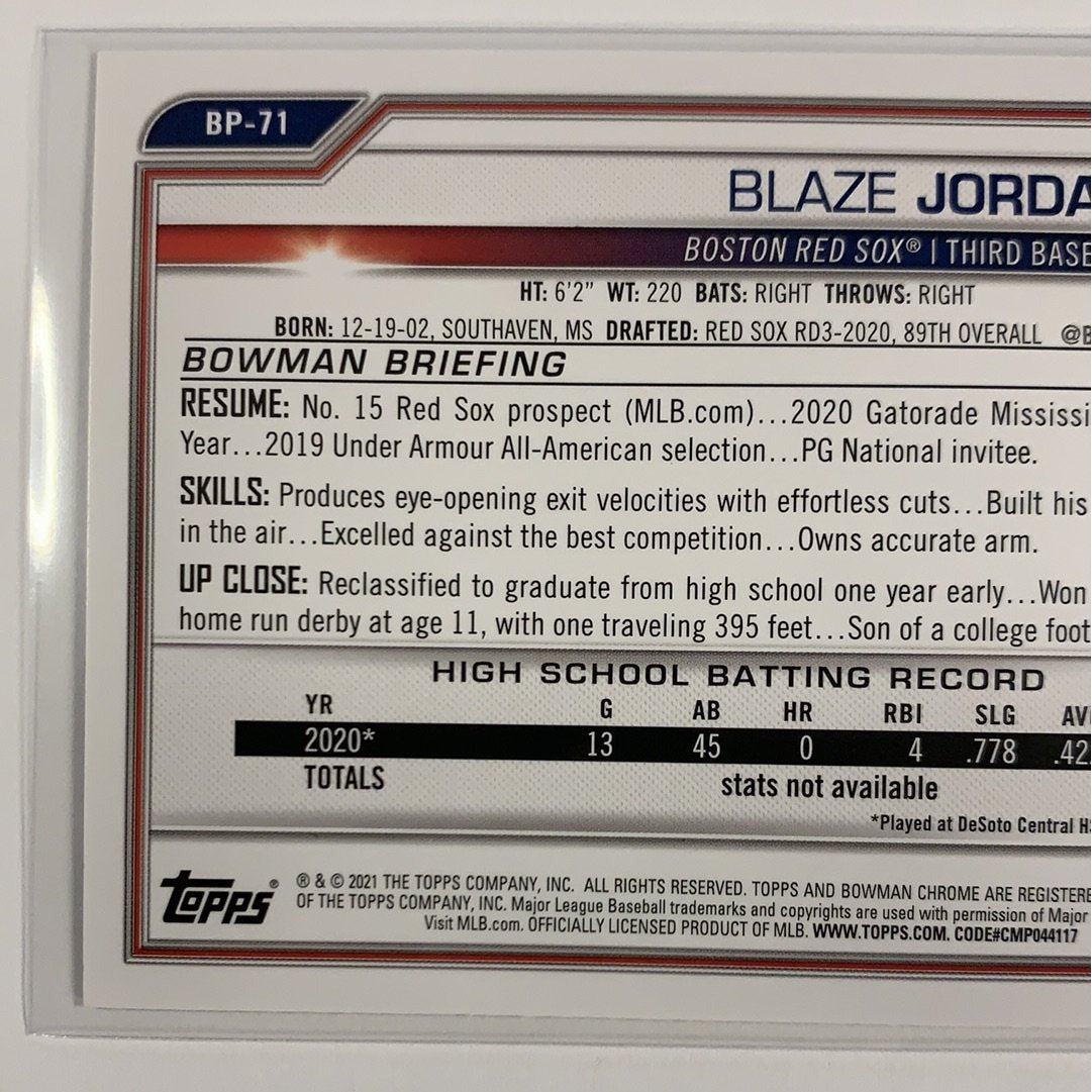  2021 Bowman 1st Blaze Jordan BP-71  Local Legends Cards & Collectibles