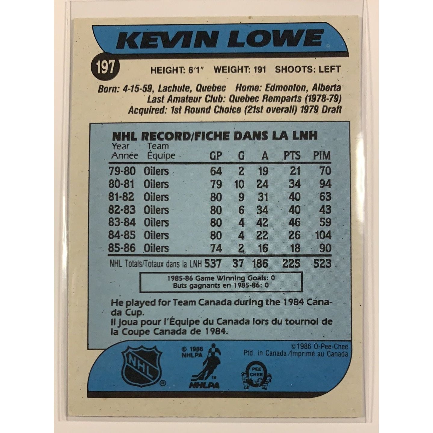  1986-87 O-Pee-Chee Kevin Lowe Base #197  Local Legends Cards & Collectibles