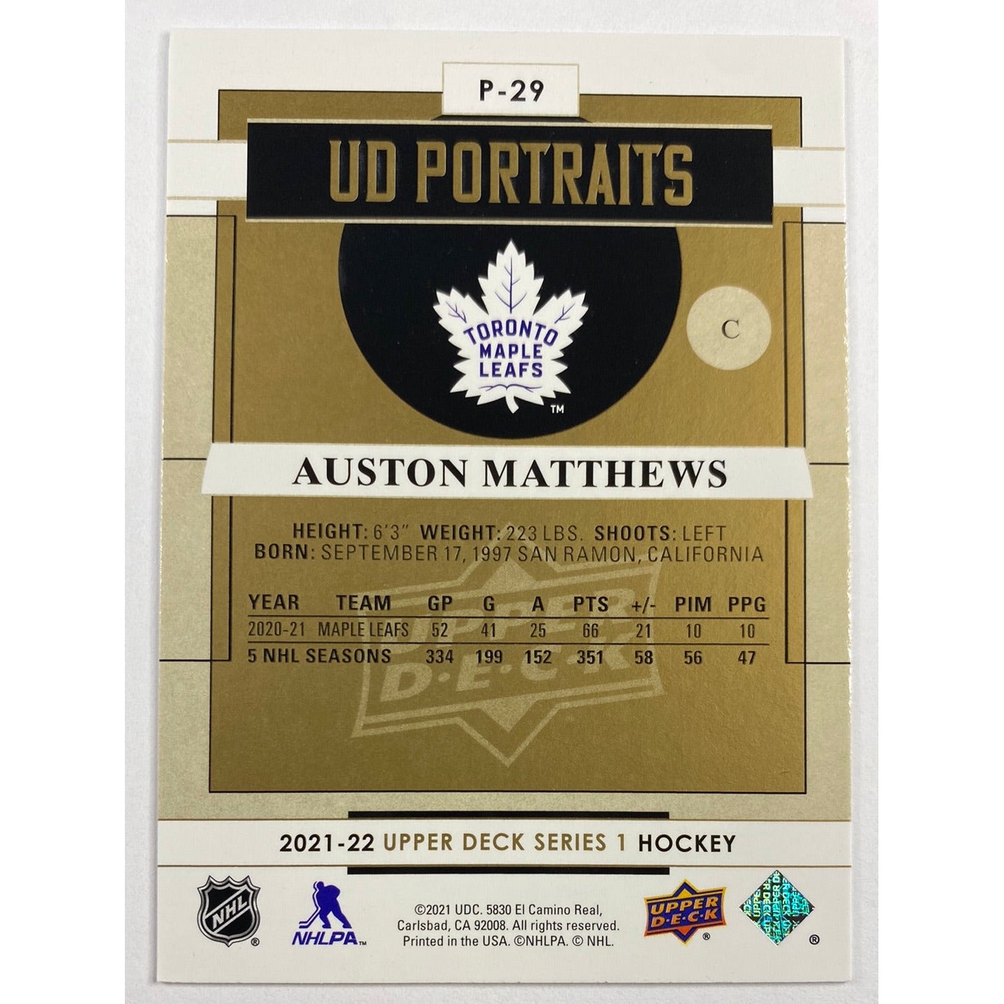 2021-22 Upper Deck Series 1 Auston Matthews UD Portraits