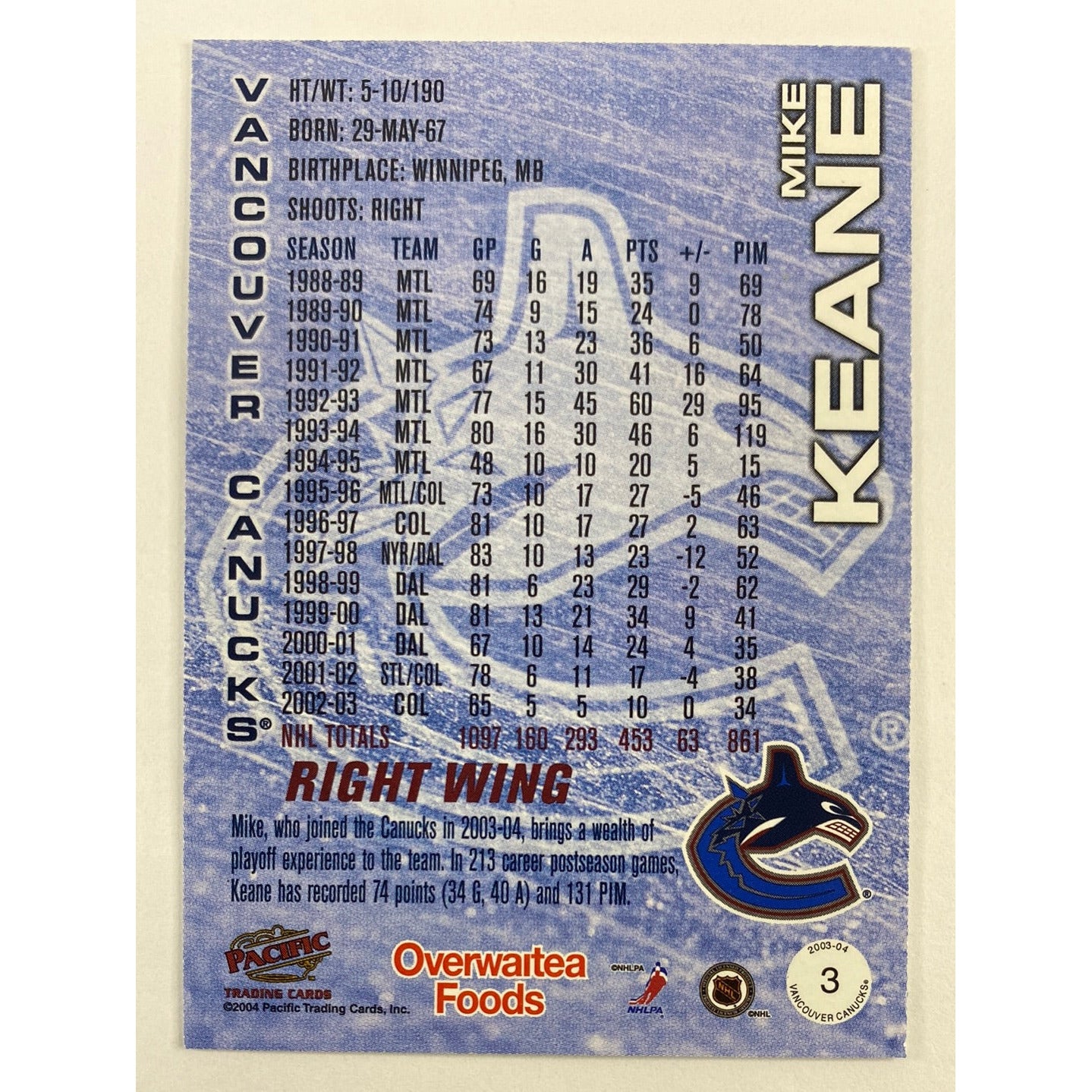 2004 Pacific Vancouver Canucks Mike Keane