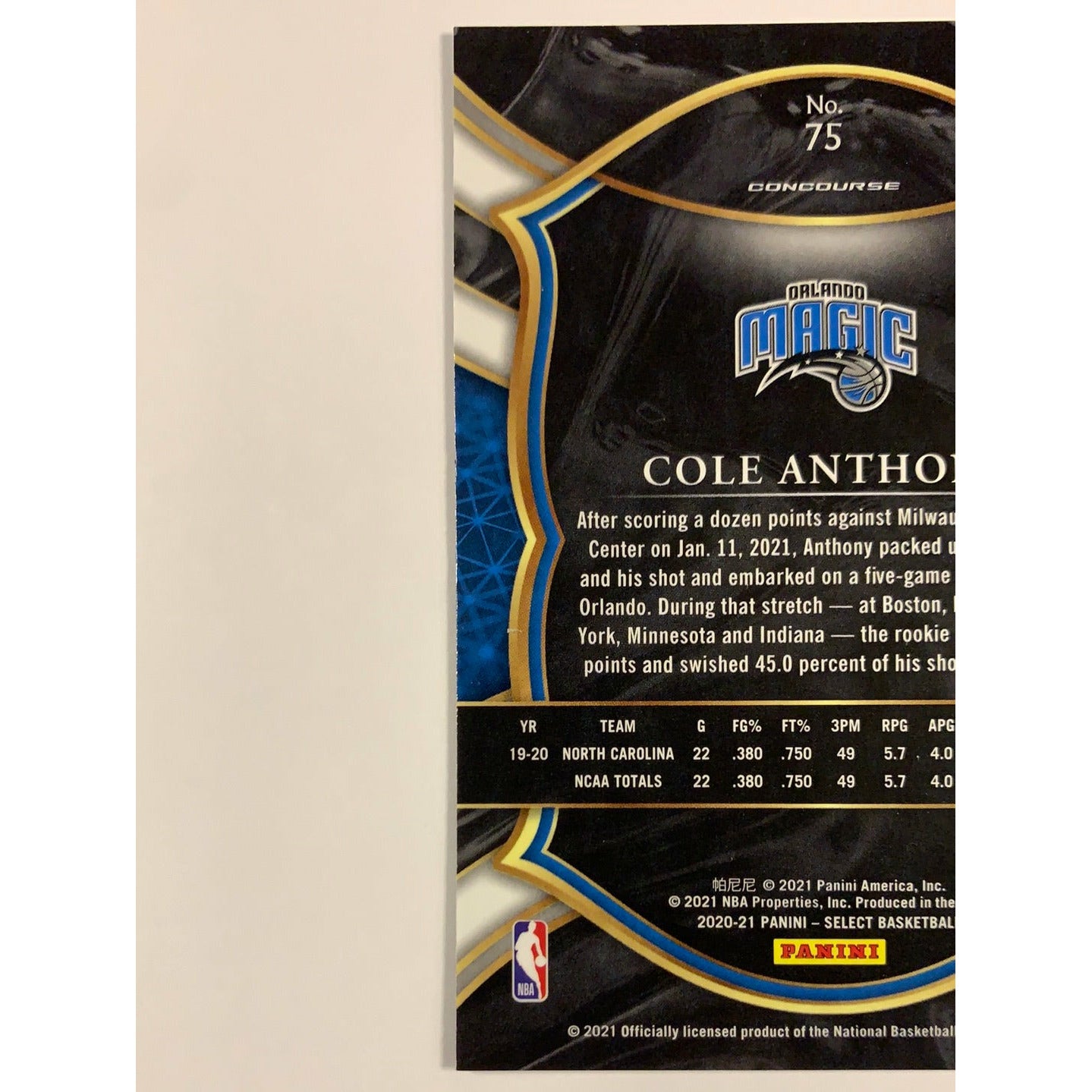 2020-21 Select Cole Anthony Blue Concourse Level RC