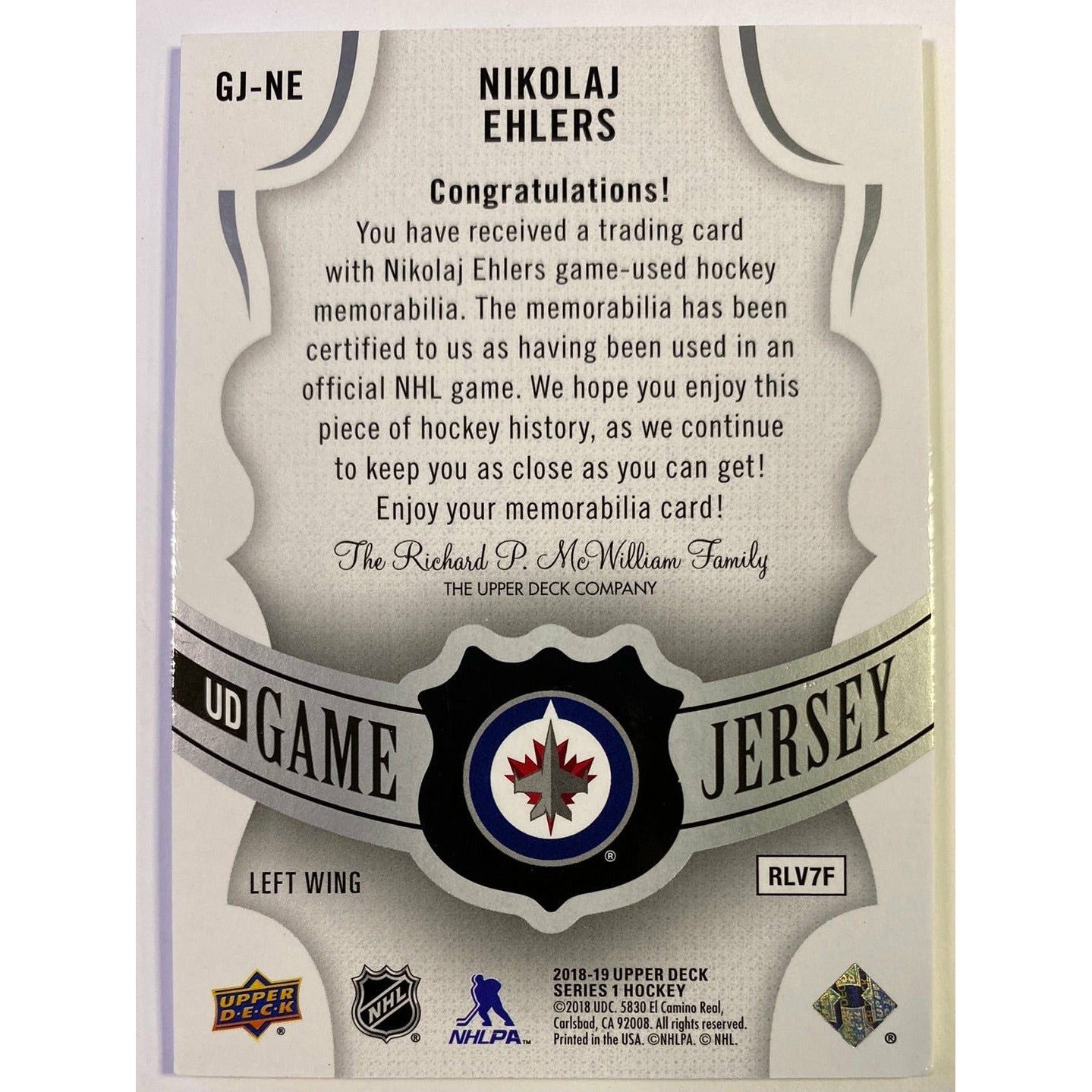 2018-19 Upper Deck Series 1 Nikolaj Ehlers UD Game Jersey