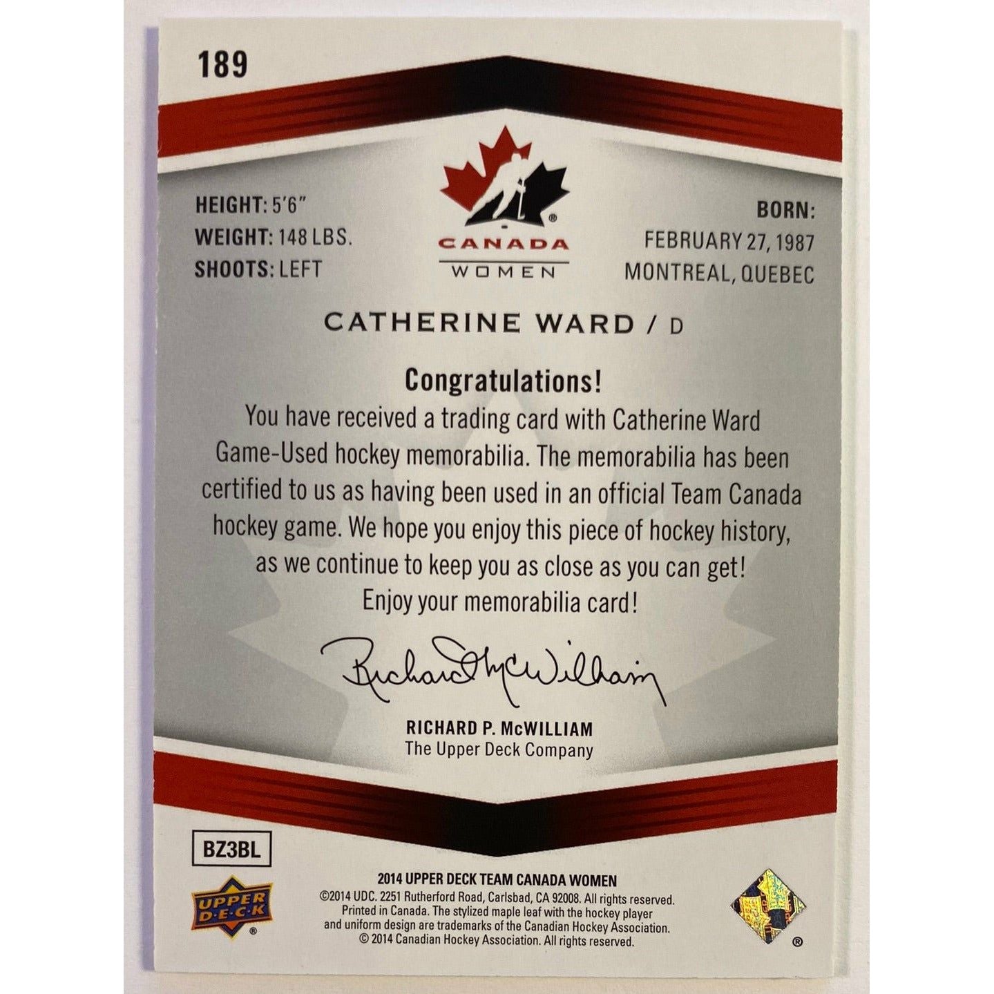 2014-15 Upper Deck Team Canada Women Catherine Ward