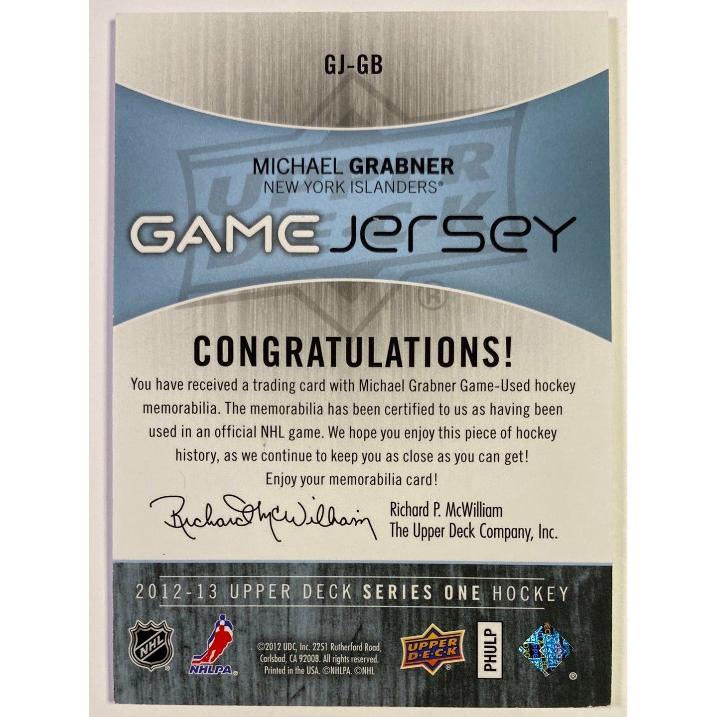 2012-13 Upper Deck Series 1 Michael Grabner UD Game Jersey