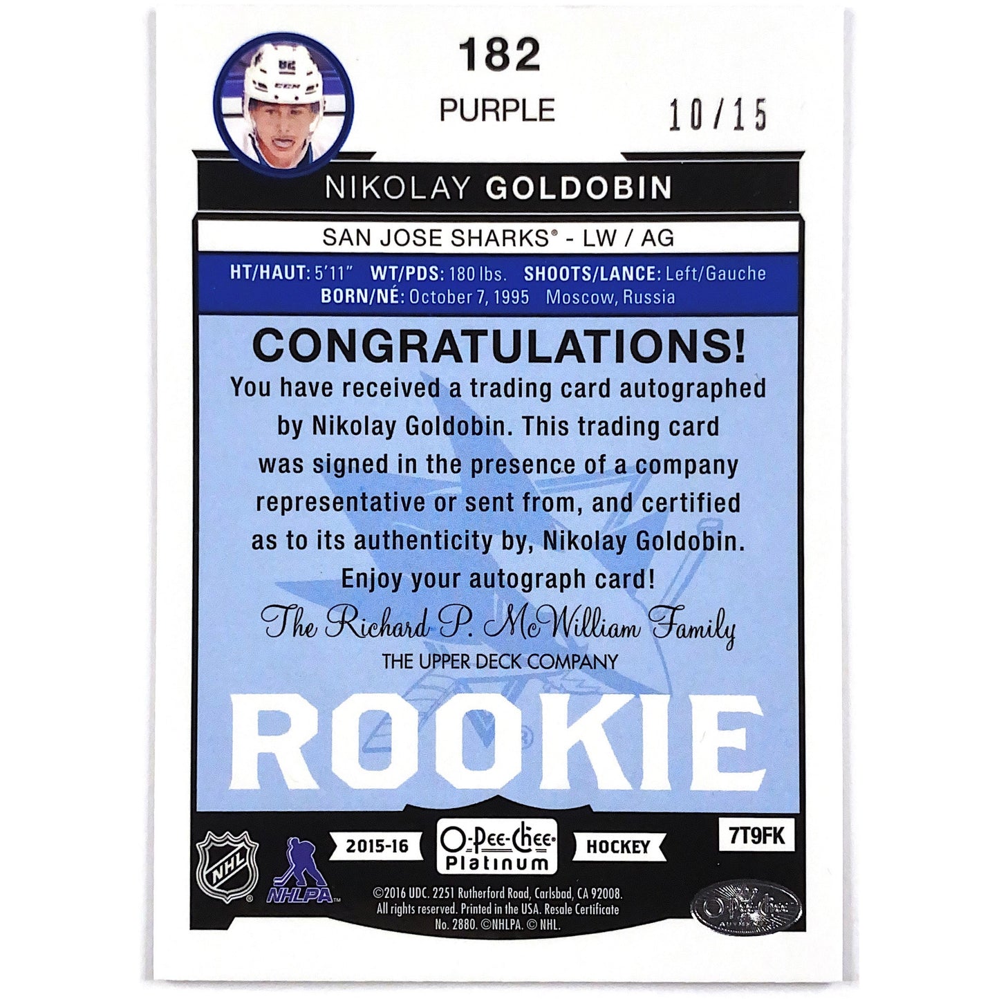 2015-16 O-Pee-Chee Platinum Nikolay Goldobin Purple Rainbow Rookie Auto /15