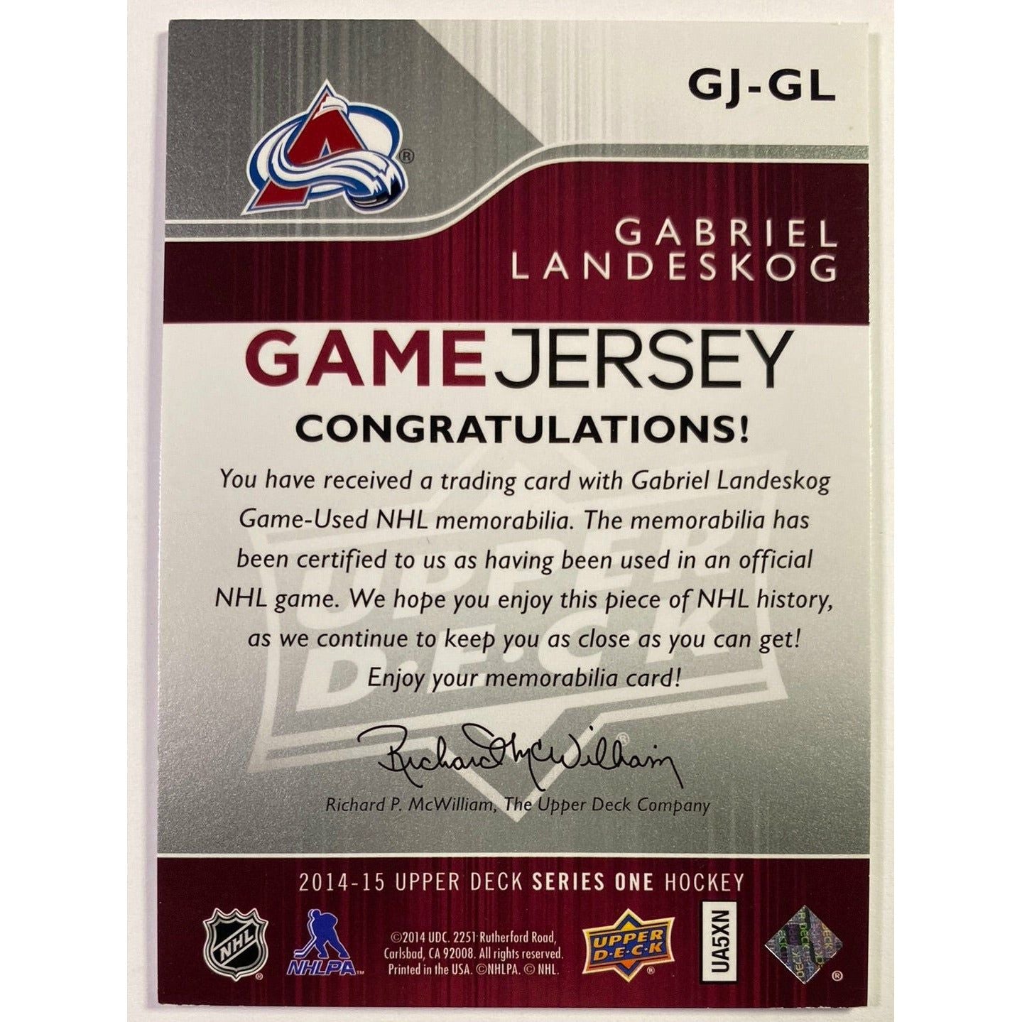 2014-15 Upper Deck Series 1 Gabriel Landeskog UD Game Jersey