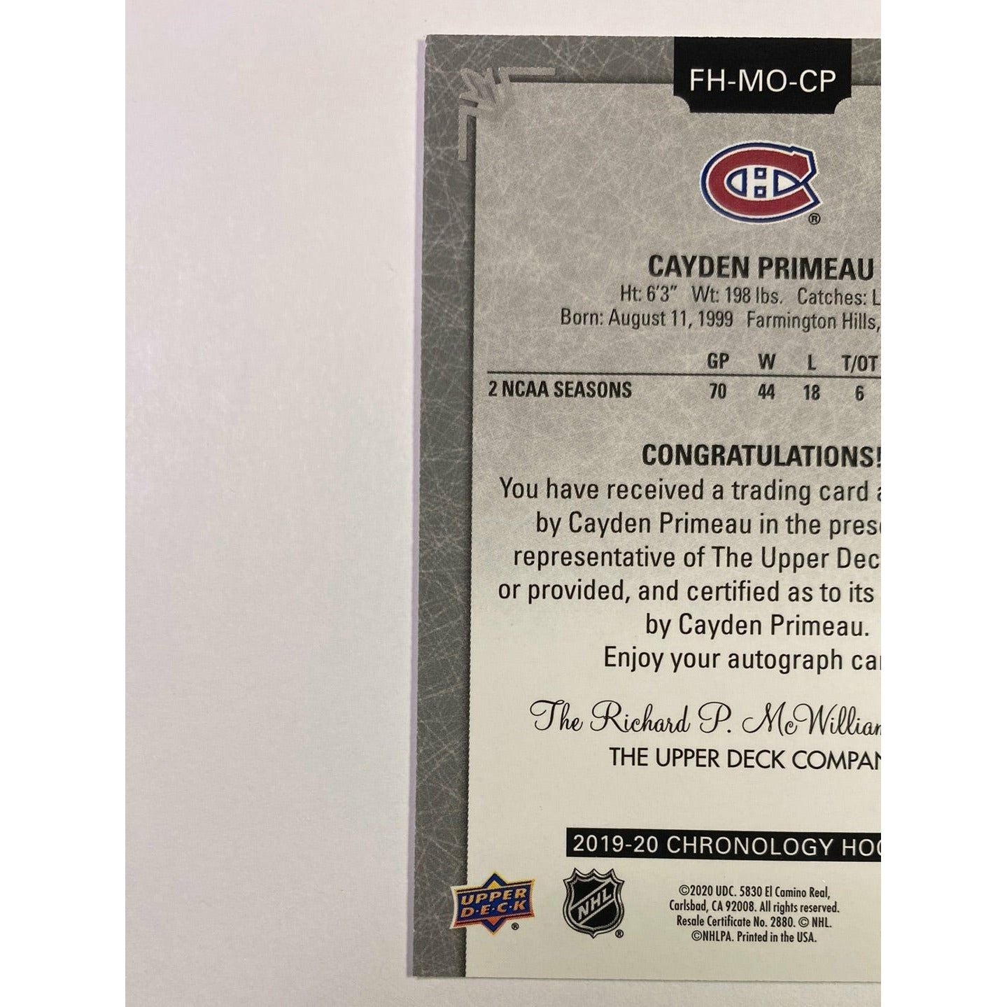 2019-20 Chronology Cayden Primeau Rookie Auto