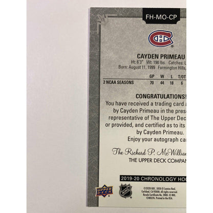 2019-20 Chronology Cayden Primeau Rookie Auto